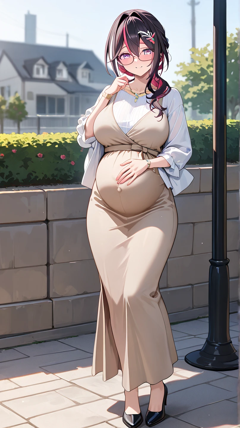 Mulher pregnant com vestido roxo gigante, from the front, high qualiy, awardwinning, high resolution, 8K , standing alone, 1woman, from the front, mellow, milf, purple cropped hair, blue colored eyes, long cloak decotado , tall woman, 29-years-old, milf, cuvilinear body, breasts small, huge ass , big-ass, pregnant, cabelo roxo, long cloak, hinterland, dress covers the legs, seducing gaze