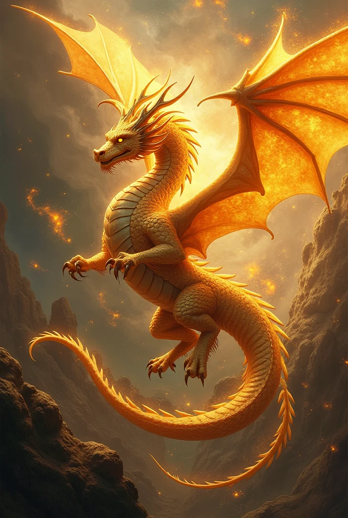 A golden dragon surrounded by a swirling vortex of golden light dancing across the vast sky.