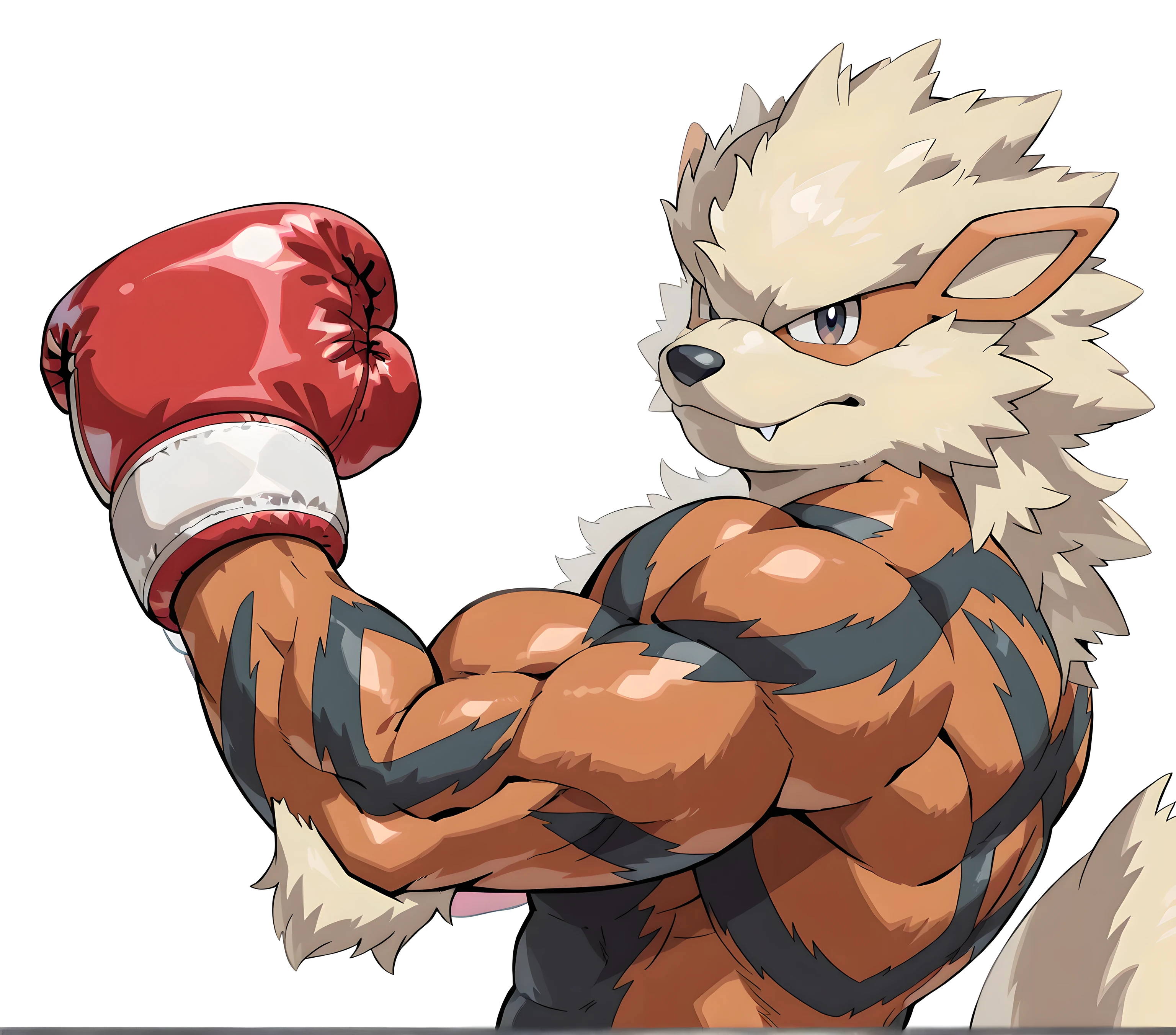 arcanine, pokemon, high quality, male, solo, white background, no background, looking at viewer, posing, half body, muscular arms, thick arms, wearing boxing gloves, boxing pose, pov_boxing, boxing stance, flexing, bicep