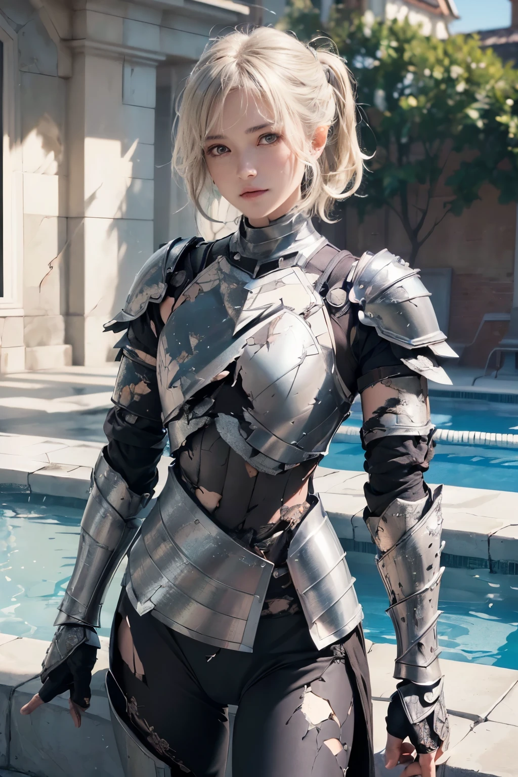 Momotaro, Cyberpunk, (Japan Katana, Samurai), 1 blonde woman, Wakame, Peach in the forehead, ((Mechanical Armor)), Battlefield, Evening, Best Quality, Best Masterpiece, High Definition, 16K, Roses skulls ravens frogs crucifixes