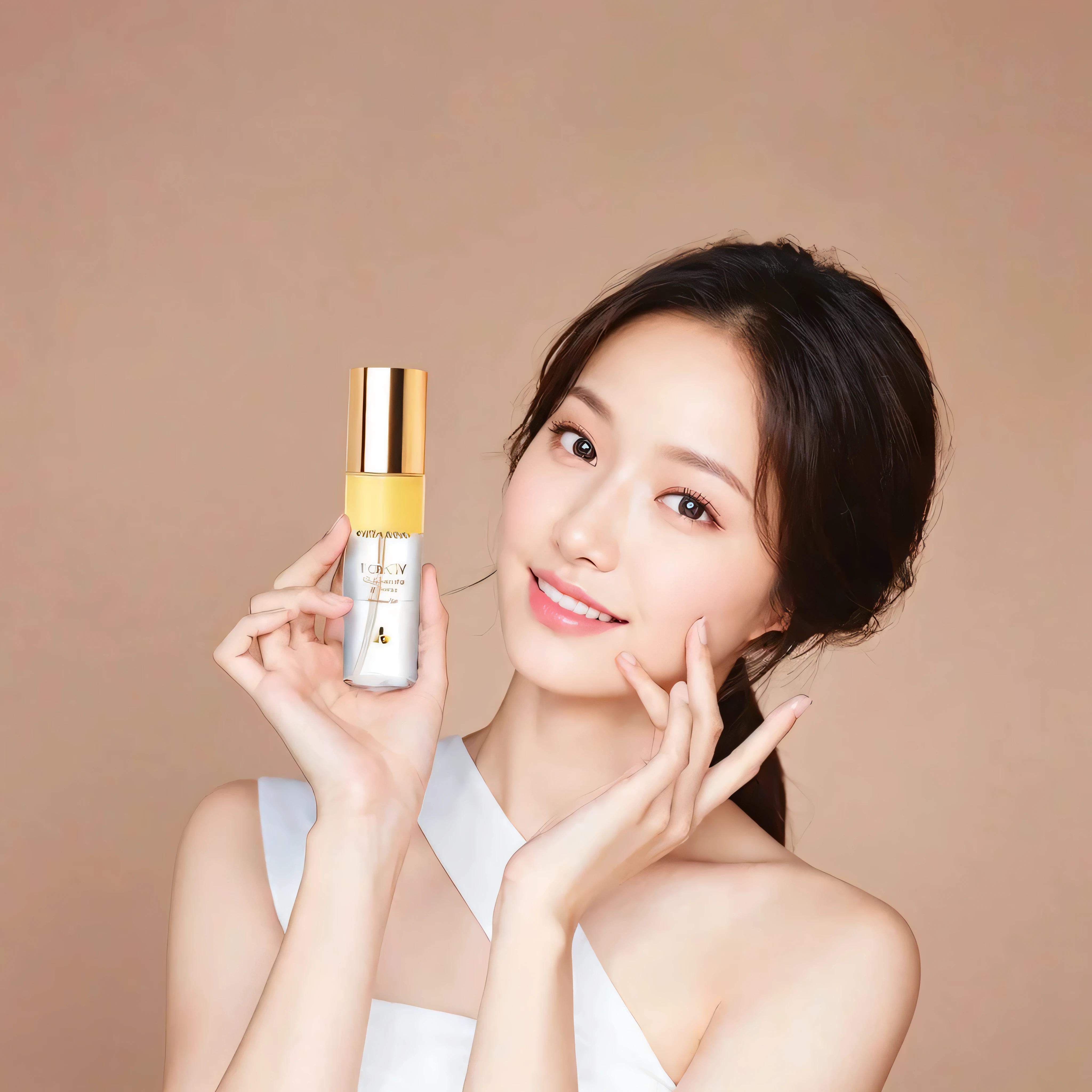 An arafed woman holding a bottle of lotion in her hand, ji-min, photoshoot for skincare brand, lee ji-eun, lee ji - eun, popular korean makeup, hwang se - on, popular south korean makeup, sha xi, shin min jeong, park ji-min, beauty campaign, smooth golden skin, cute korean actress.
Masterpiece, ultra detailed, realistic, photo realistic, high detail RAW color photo, professional photograph, extremely detailed, finely detail, lens flare, Dynamic lighting, 8K, RAW Photo, Best High Quality, Masterpiece: 1.2, Ultra HD: 1, High Detail RAW Color Photo, Pro Photo, Realistic, Photo Realistic: 1.5, Live Photo, Super detailed, Masterpiece, Real Skin, Realistic Skin, Realistic HD Eyes, Highly detailed Eyes, Perfect Eyes, Perfect face, Perfect fingers, extremely detailed face, extremely detailed eyes, extremely detailed skin, perfect anatomy, (non-muscle type:0.5).