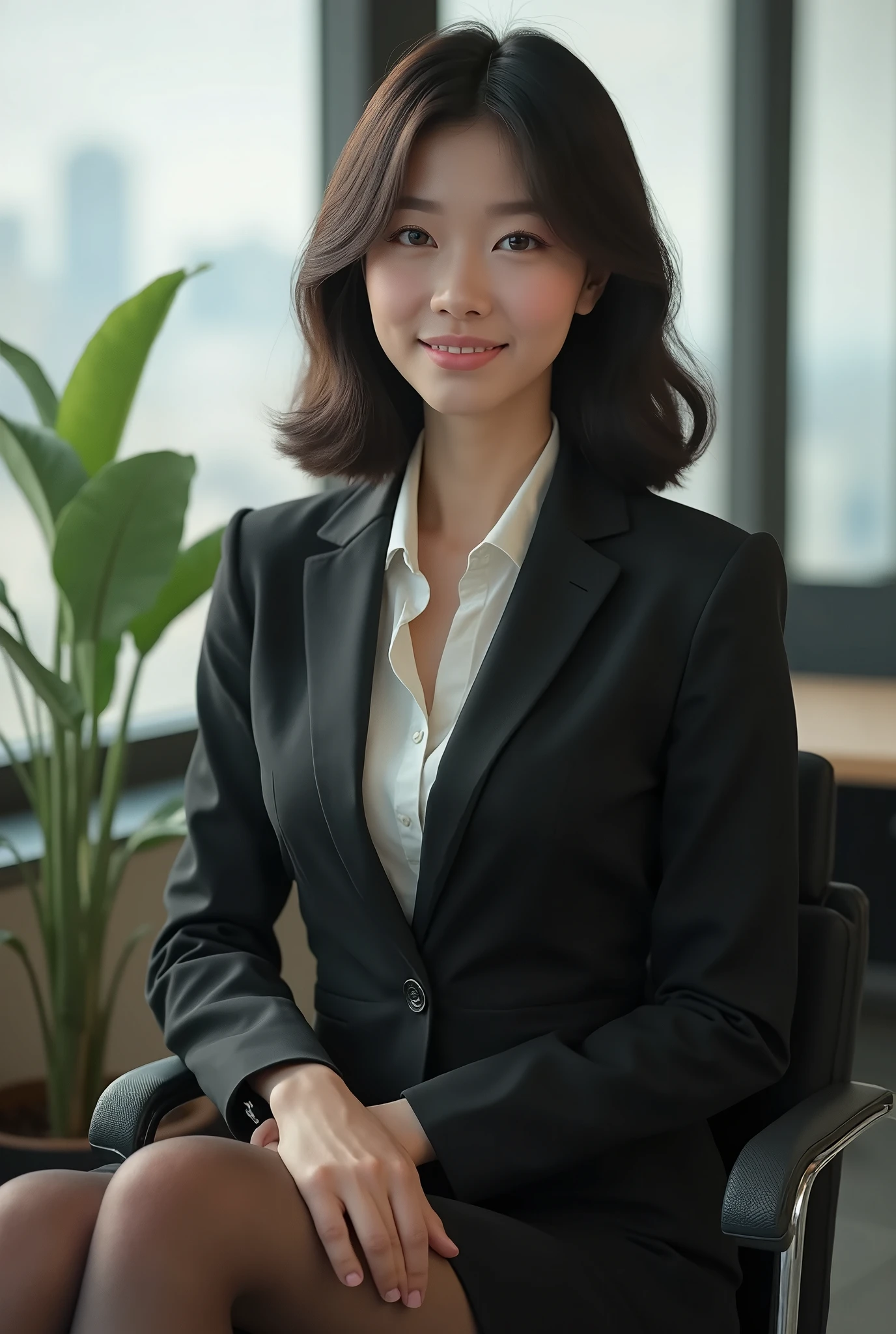 A young Korean female news anchor, dressed in a neat business suit with white shirt, sitting at a news desk, with a glimpse of her lace panties between her skirt as she wide spreads her legs apart, maintaining a professional demeanor on her face, in a frontal composition.