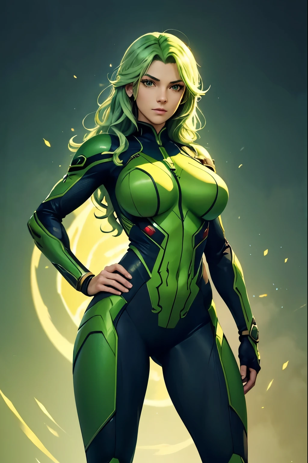 masterpiece, best quality, agrias, a woman, solo, naked, green hair, high leg, wavy hair , detailed face, age 22, big breast, standing, hands on hip,  green flames, green bodysuit