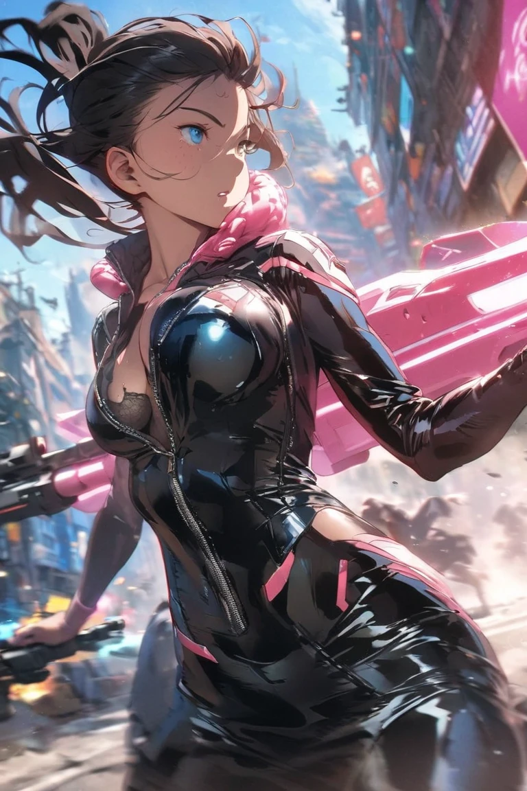 4K, A high resolution, Best quality at best, masterpiece, perfect colors, perfect shadow, perfect litthing, ((sportrait)), 1woman, fit body, heterochromia eyes，dark blue hair , blue eyes, With round lenses, The audience watched carefully, (s face: 1.2), Perfect female figure, ((dynamic pose)), ((blue and pink Tight crop top blue and pink leather suit)), ((shy and looking at viewert)), (Perfect thick white eyebrows) Delicate fur, 详细s face, s the perfect face,  , (dynamic pose), big breast, open half breast