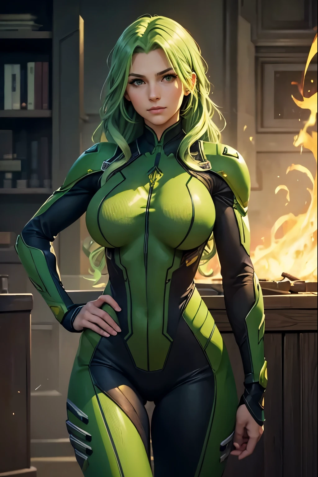 masterpiece, best quality, agrias, a woman, solo, naked, green hair, high leg, wavy hair , detailed face, age 22, big breast, standing, hands on hip, green flames, green bodysuit