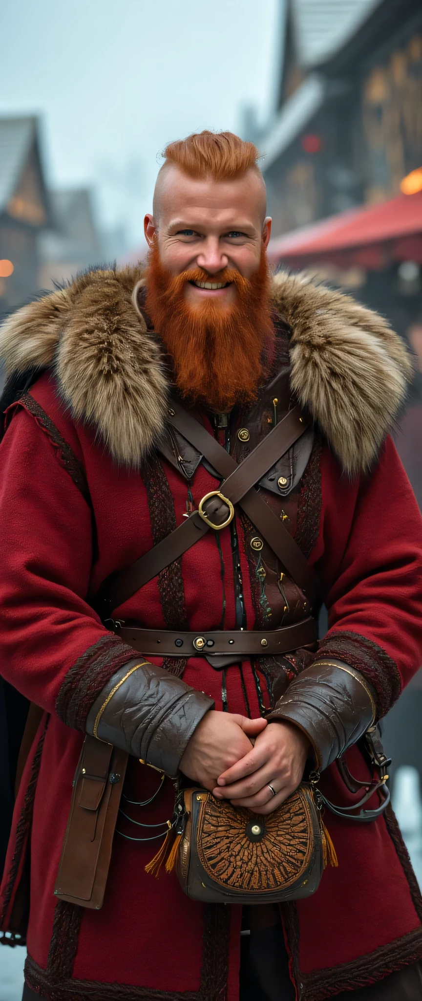 **Prompt:** Create an intricately detailed portrait scene of an optimistic, positive-vibe red ginger Viking male traveler during the medieval age. Showcase hyper-realism with a symmetrical composition, capturing the scene from an ultra-wide angle to fully immerse the viewer in the vibrant medieval village scenery. Illustrate the red Viking's infectious smile, dressed in a full red winter tunic, standing with determination as he wields an intricately designed traveler bag sack, embodying the spirit of adventure. Emphasize dynamic leading lines that guide the eye through the image, enhanced by a rich UHD ambiance and a mixed lighting concept that brings realism to his expressions. Pay meticulous attention to human anatomy, particularly his hands, as he prepares for his journey ahead. Zoom out to reveal the bustling medieval Viking village, ensuring a deep depth of field that enhances the visual impact. Utilize state-of-the-art 3D CGI textures to vividly bring this enchanting Viking tribe to life, resulting in a stunning piece of FantasyPunkAi artwork that celebrates courage, community, and the spirit of exploration.