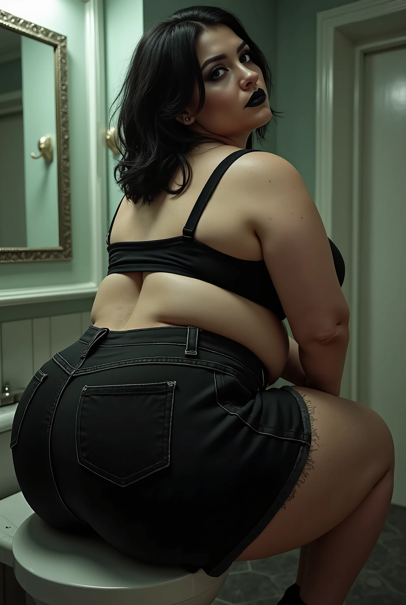Plus size boss manager in black bikini high shoes sitting on toilet peeing and moaning