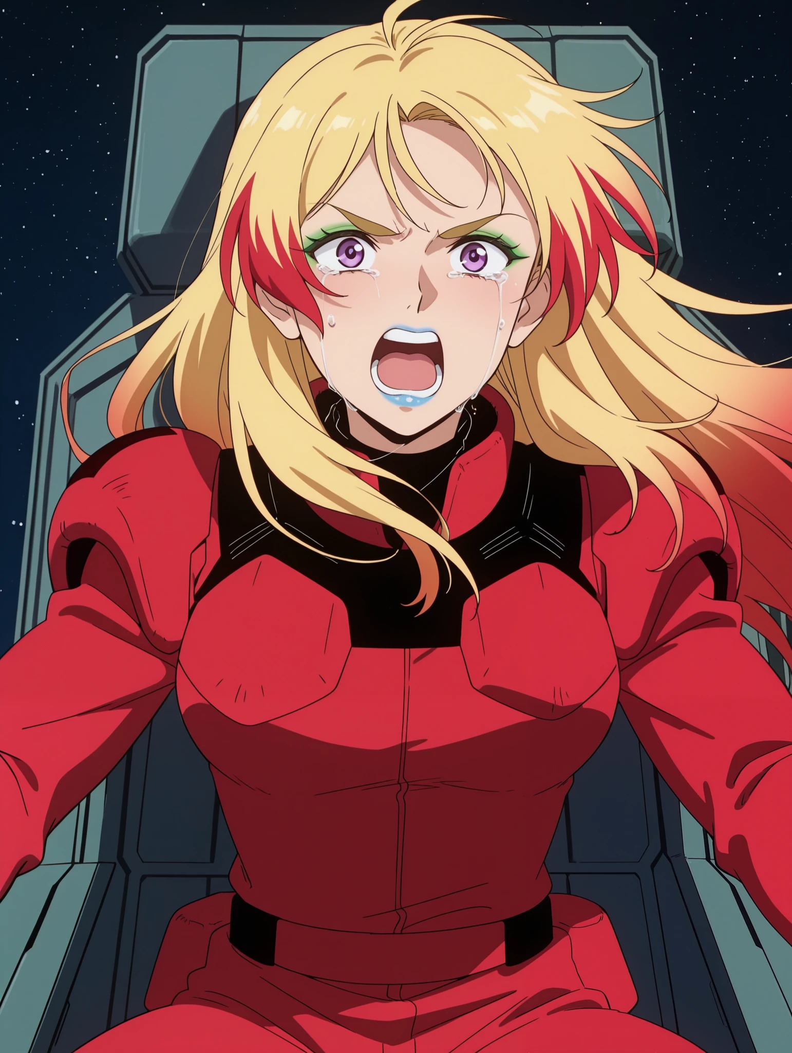 score_9, score_8_up , score_7_up , score_6_up , Anime screencap, anime coloring, CharaSoonS1, red hair, blonde hair, long hair, multicolored hair, lipstick, blue lips, purple eyes, green eyeshadow, red spacesuit, red gloves,、 is the cockpit in the background、 sits in the cockpit、 crying face、 is shouting with his mouth open、 break, cockpit, space,