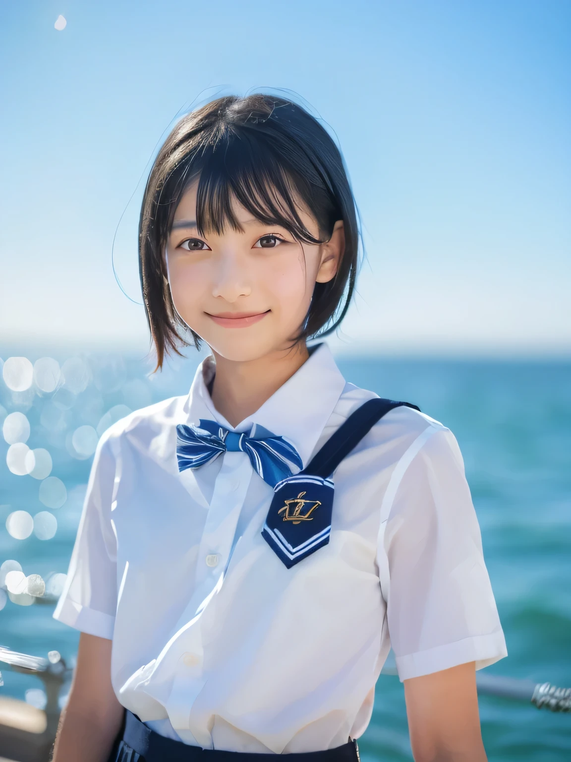 (1 Girl, alone, Japanese Girls), ,Highest quality, Tabletop, 8K, High resolution, Super detailed, (Portraiture), Recall, Black Hair, short hair, Hair Clip, Shiny skin, Flat , smile, (Middle school students:1.5, uniform, White collared shirt, bow tie,), summer, blue sky, thunder head, Ocean,