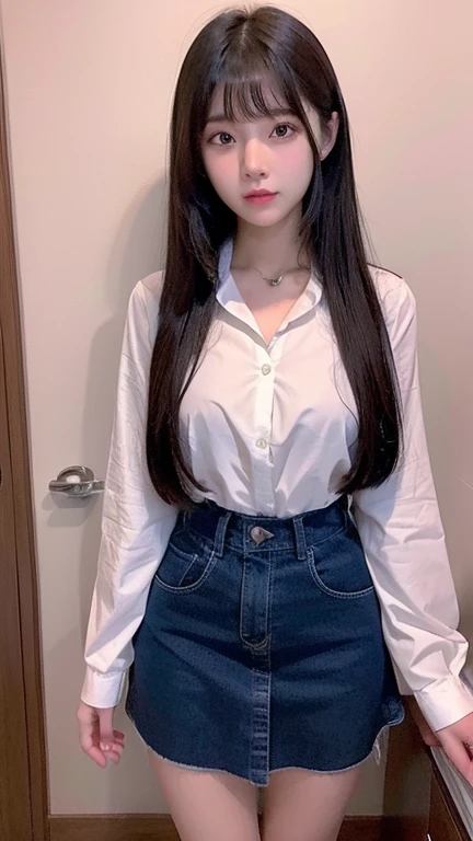 In the random scene, a pretty Asian girl with large breasts and a slim waist wears a colorful blouse and a flowing skirt that reaches her ankles. The sunlight filters in through a nearby window, casting a warm, hyper-realistic glow on her flawless, 4K skin. Her long, dark hair cascades down her back in soft waves, framing her delicate features. She runs her fingers through her silky strands, revealing a charming smile that illuminates her entire face, ((SFW)). Her full-body view is captured in exquisite detail, each curve and contour rendered with superb precision, making for a truly UHD masterpiece. The random cloth she is wearing bill