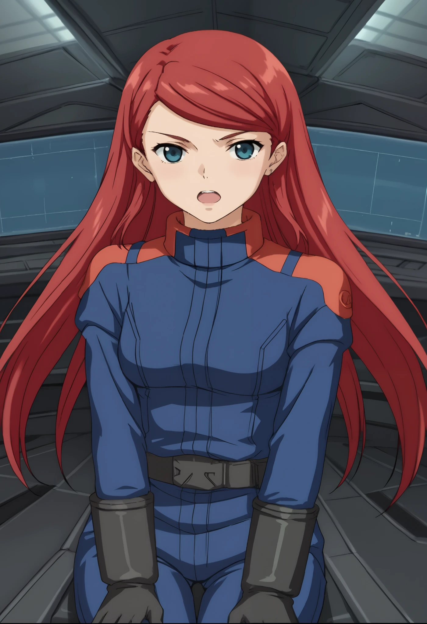 、score_4_up 、source_anime、 Shirley Ramsay、 redhead、 long hair、 Twin Blade、Z Gundam pilot suit、, black pilotsuit, black gloves、 is the cockpit in the background、 sits in the cockpit、 is shouting with his mouth open、