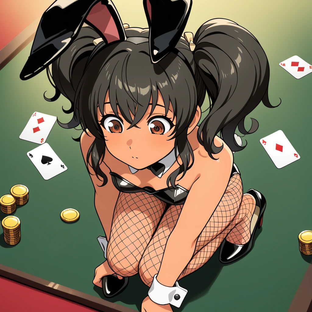 ((1girl)),((alone)), Sanae Yamada,(masterpiece), (best quality), (ultra detailed), (best illustration), (best shadow), (absurdities), sharp focus, cowboy shot ,atmospheric perspective, depth of field, dynamic posture looking at the viewer, large breasts, narrow waist, wide hips, wide thighs, round butt, erotic, romantic, (very detailed eyes, lips 1.1), very detailed eyes, eyes, very face detailed, Very beautiful face, Symmetrical face, Aesthetic face, perfect face, perfect eyes, detailed eyelashes: 1.5), full height, beautiful slim figure, femininity, expressive appearance, elastic big breasts, sexuality, 35 years old, short hair, black hair , brown eyes, detailed eyes, beautiful face, (rabbit ears: 1.2), black playboy bunny, wristbands, choker, bare shoulders, jewelry, cleavage, earrings, black pantyhose, parted lips ,curves, defined body,Perfect and beautiful body, perfect and beautiful, closed mouth, neutral expression, serious face, blushing, (sexy pose: 1.2), ((solo)), standing: 1.3,(( casino, holding tray ,poker table, embarrassed, window, cityscape, city lights, night)), looking forward, ((focus on thighs), point of view: (from Middle), perfect anatomy, perfect hands