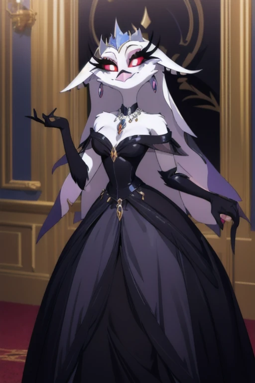 (best quality, masterpiece:1), furry female anthro stella, owl, portrait,, closed mouth, smile, wide-eyed, white pupils, black dress, black gloves, blue dress, cape, earrings, fangs, hair ornament, jewelry, long dress, necklace, see-through