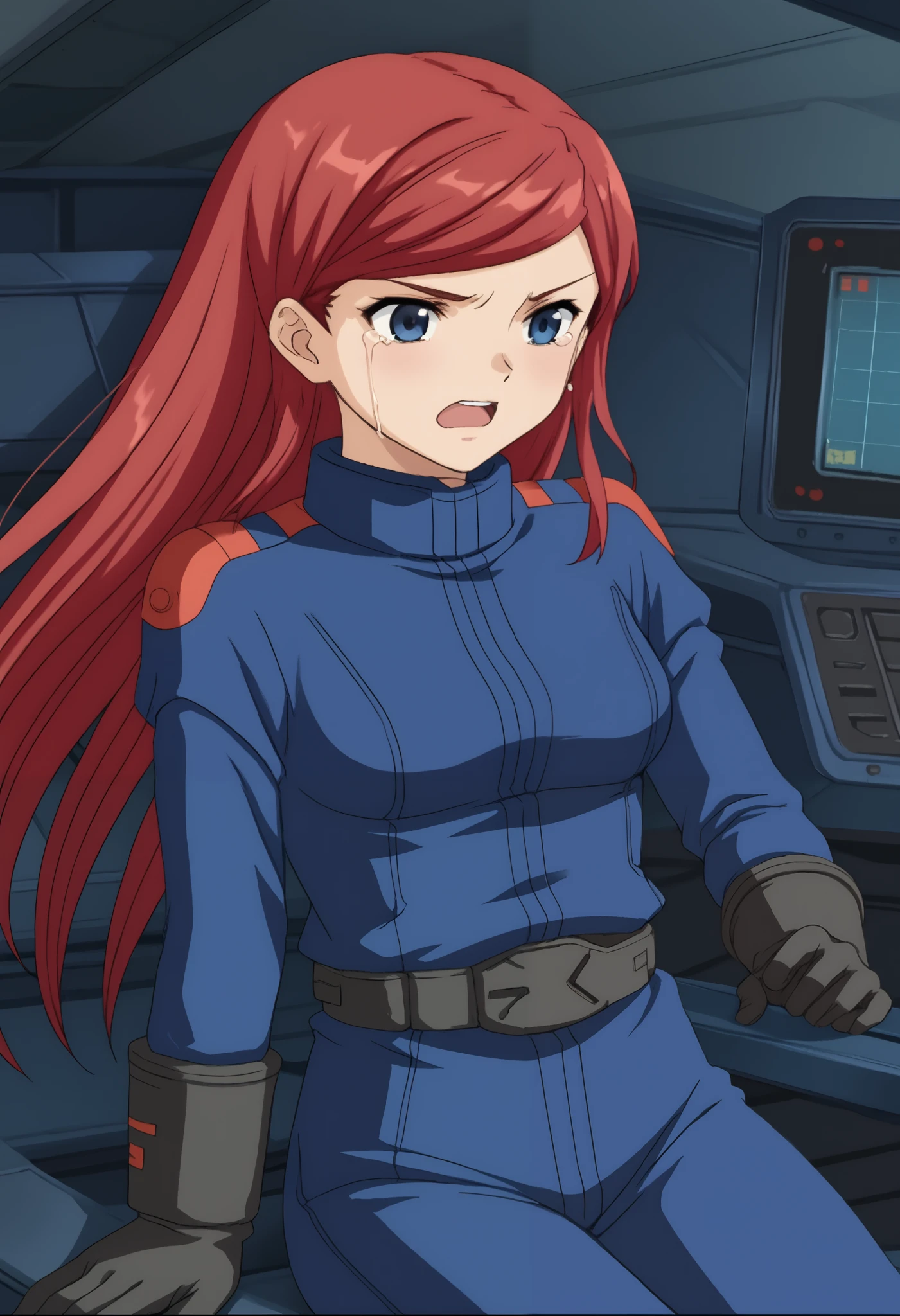 score_4_up 、source_anime、 Shirley Ramsay、 redhead、 long hair、 Twin Blade、Z Gundam pilot suit、, black pilotsuit, black gloves、 is the cockpit in the background、 sits in the cockpit、 crying face、 is shouting with his mouth open、