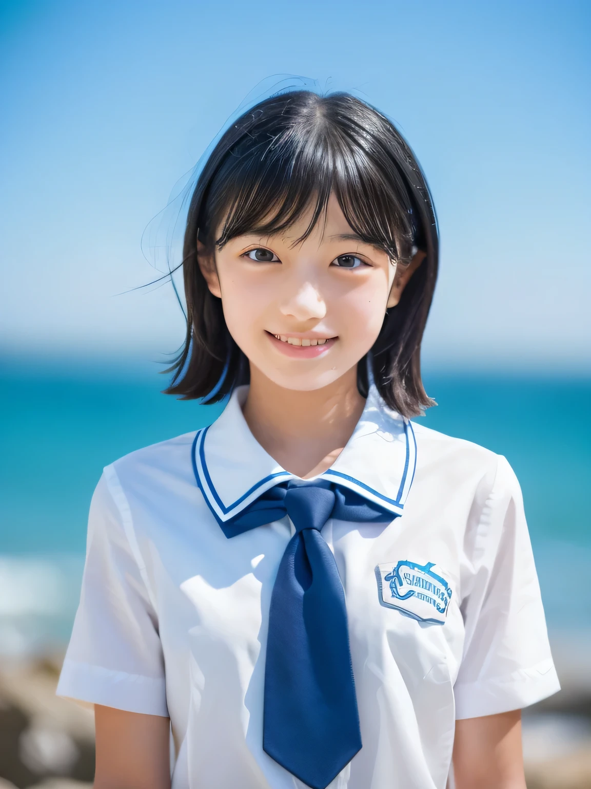 (1 Girl, alone, Japanese Girls), ,Highest quality, Tabletop, 8K, High resolution, Super detailed, (Portraiture), Recall, Black Hair, short hair, Hair Clip, Shiny skin, Flat Chest, smile, (:1.5, uniform, White collared shirt, bow tie,), summer, blue sky, thunder head, Ocean,
