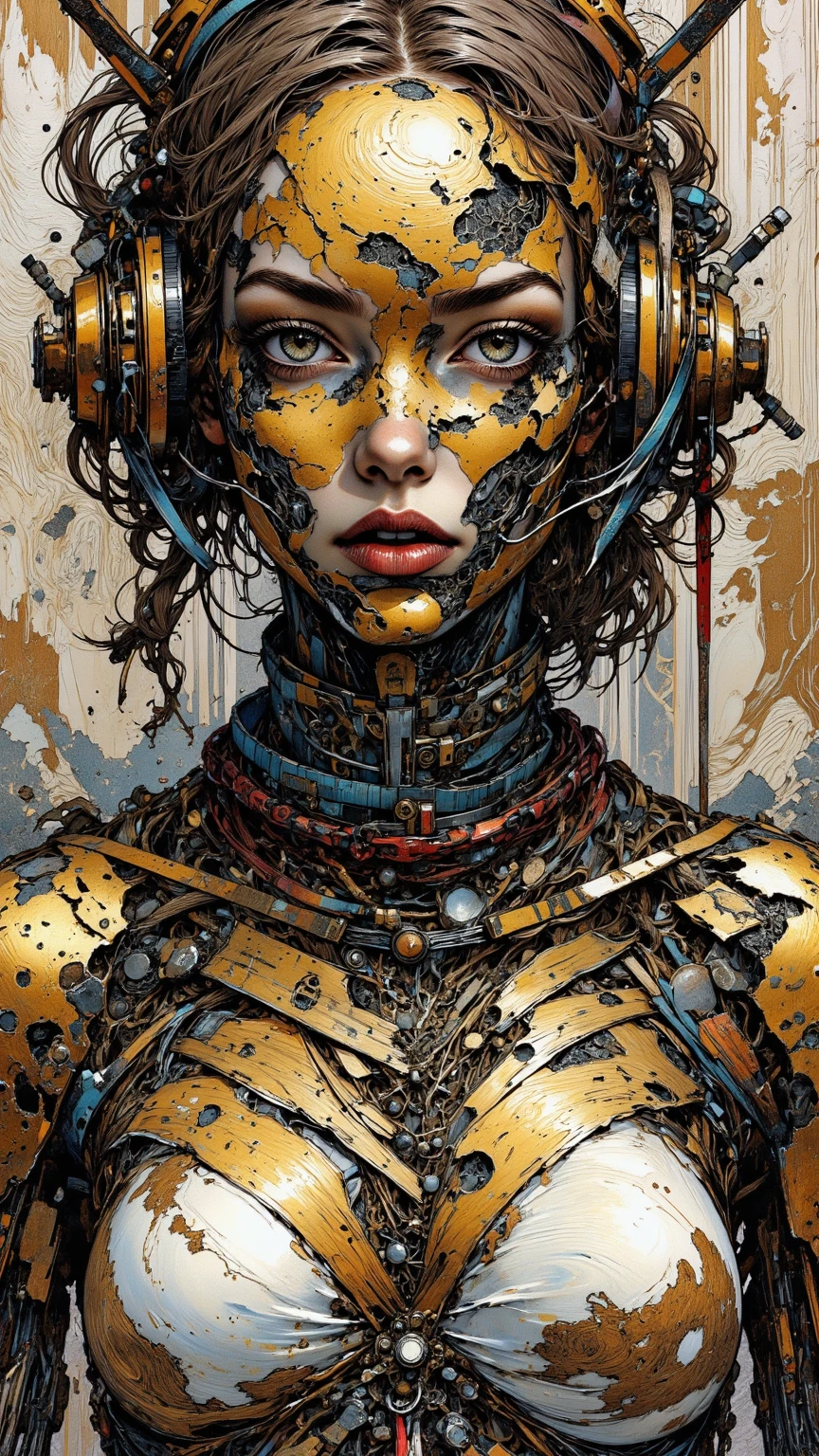 Top Quality, Masterpiece, Ultra High Resolution, ((Photorealistic: 1.4),((nude,nake:)) Raw Photo, 1 cybepunk Girl, Glossy Skin, 1 Mechanical Girl, (Ultra Realistic Detailechanical limbs, tubes connected to the mechanical parts, mechanical vertebrae attached to the spine, mechanical cervical attachment to the neck, wires and cables connecting to the head, Evangelion, Ghost in the Shell, small glowing LED lamps, global lighting, deep shadows, Octane Rendering, 8K, bloom effect, Ultra Sharp, Metal, Intricate Ornament Details, baroque details, Very intricate details, realistic light, CGSoation trend, facing the camera, neon details, (android manufactory in background), art by H.R. Giger and Alphonse Mucha.