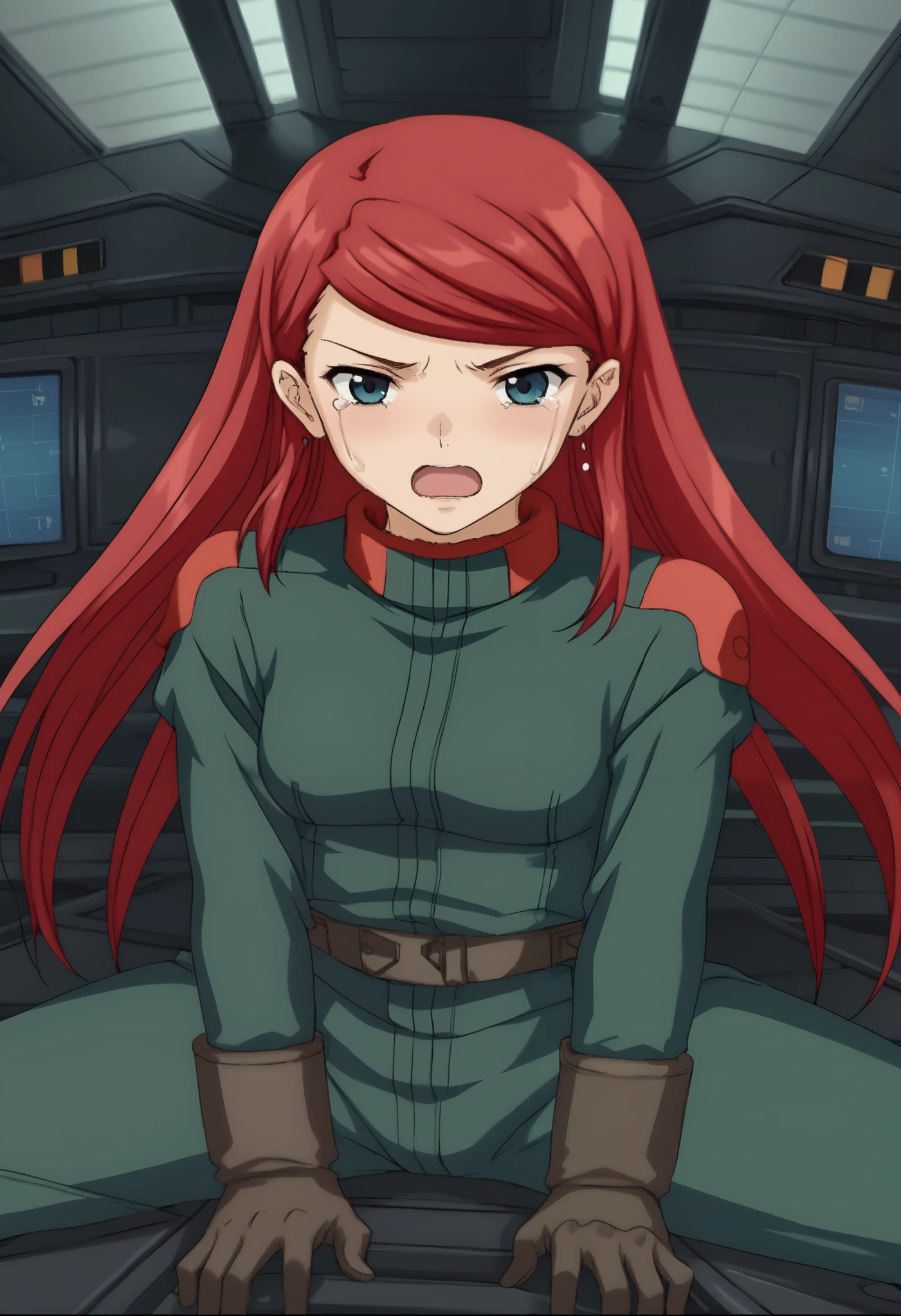 score_4_up 、source_anime、 Shirley Ramsay、 redhead、 long hair、 Twin Blade、Z Gundam pilot suit、, black pilotsuit, black gloves、 is the cockpit in the background、 sits in the cockpit、 crying face、 is shouting with his mouth open、