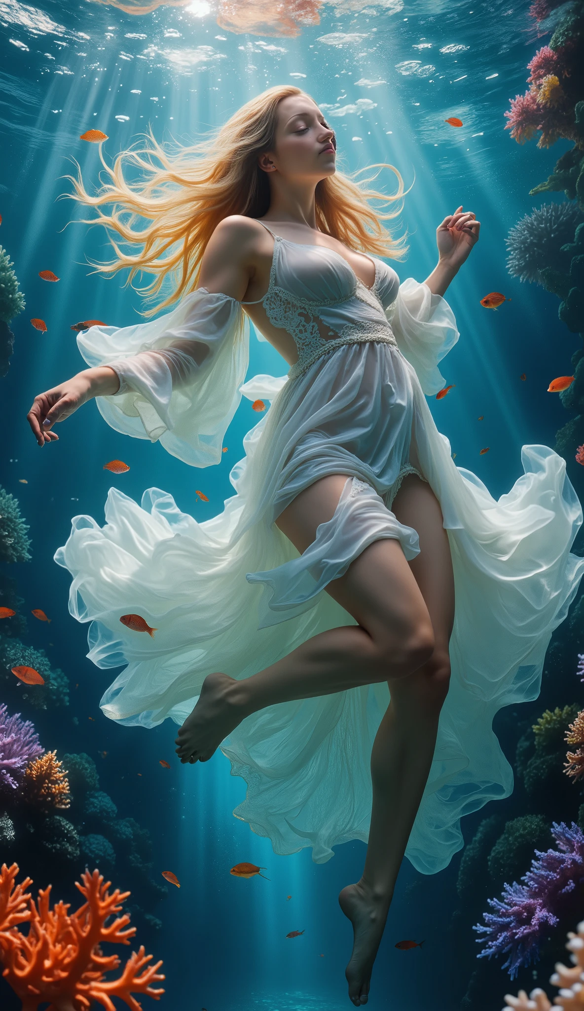 (best quality, 128k,highres,masterpiece:1.2),ultra-detailed,(realistic,photorealistic,photo-realistic:1.37), ((masterpiece)) ((photography)) ((Highest quality)) A mesmerizing underwater scene featuring a ethereal curvy woman drifting gracefully among vibrant coral formations. She wears a flowing, translucent white dress that billows with the ocean currents, creating a weightless, dreamlike effect. Her long, golden-blonde hair floats around her like liquid strands, blending seamlessly with the movement of the water. Tiny fish swim curiously around her, weaving through the corals in shades of red, blue, and purple. Soft rays of sunlight filter through the surface, casting a mystical glow on her pale skin, enhancing the serene yet surreal atmosphere of the underwater world.