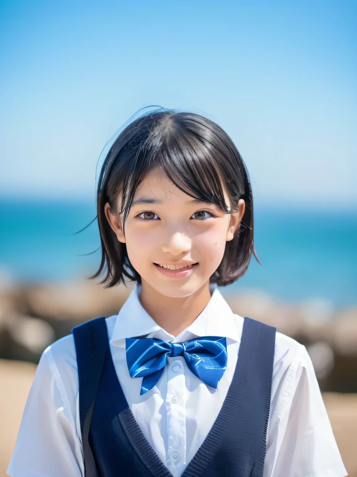 (1 Girl, alone, Japanese Girls), ,Highest quality, Tabletop, 8K, High resolution, Super detailed, (Portraiture), Recall, Black Hair, short hair, Hair Clip, Shiny skin, Flat Chest, smile, (:1.5, uniform, White collared shirt, bow tie,), summer, blue sky, thunder head, Ocean,