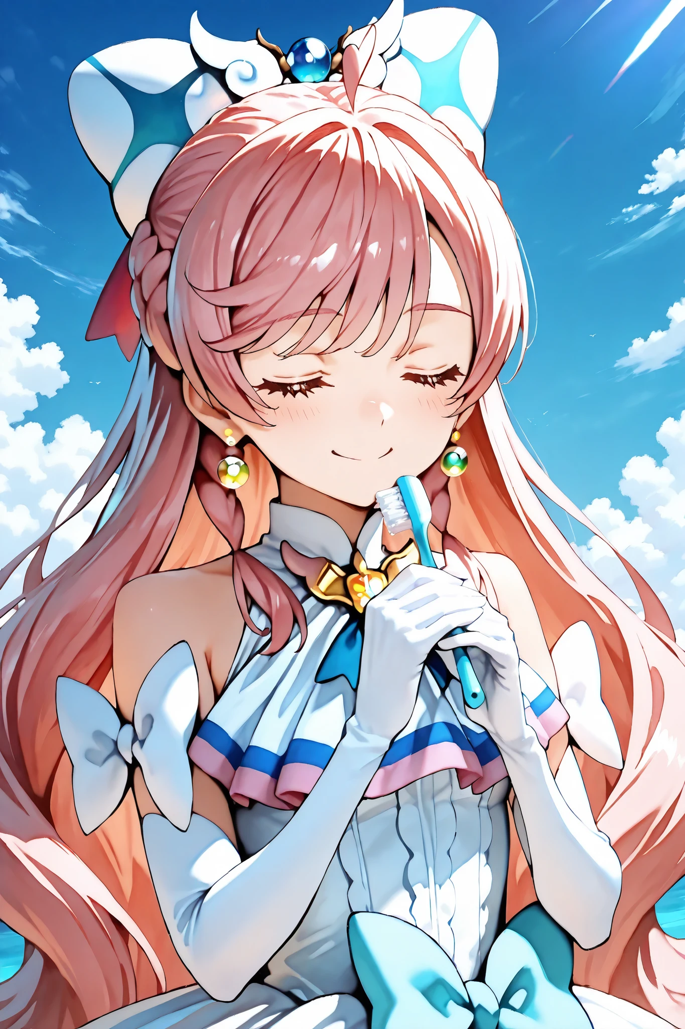 1 girl,cureprism ,soaring sky! pretty cure,pink hair,green eyes,gloves,white gloves,magical girl,jewelry,hair ornament,earrings,dress,bare shoulders,small breasts,
small blue toothbrush, Hold toothbrush close to chest,pray, calm,美Shii,優Shii,god々Shii,Our Lady, smiles,
sky,Iridescent Clouds,(closed eyes:1.2),closed mouth,
(top quality, Masterpiece:1.2),