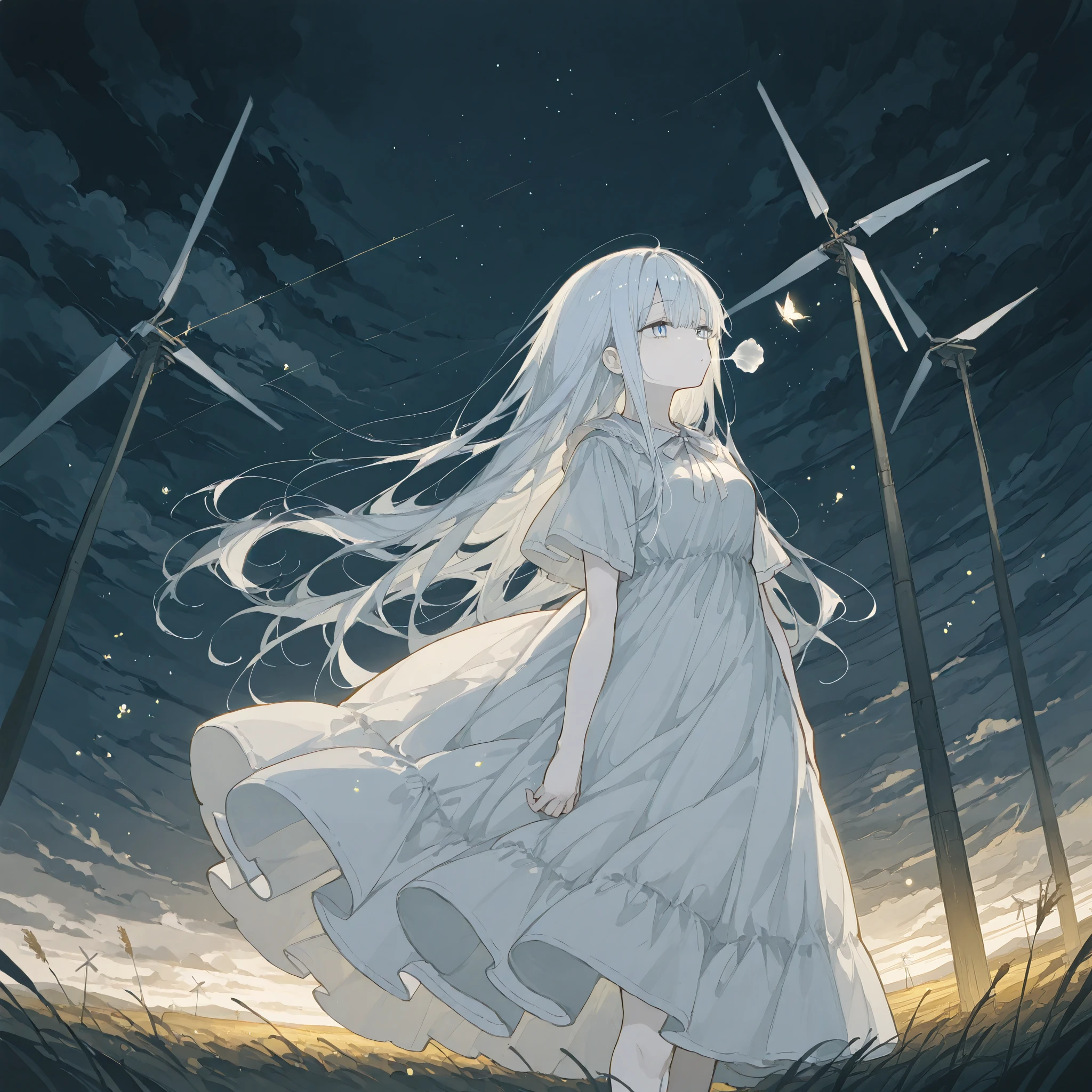 illustration, best quality, 1girl, doll-like appearance, long silver hair, flowing dress, melancholic expression, standing in a desolate field, two large windmills in the background, illuminated by soft moonlight, cloudy night sky, ethereal glow, wind gently blowing through the scene, surreal atmosphere, poetic and mysterious tone