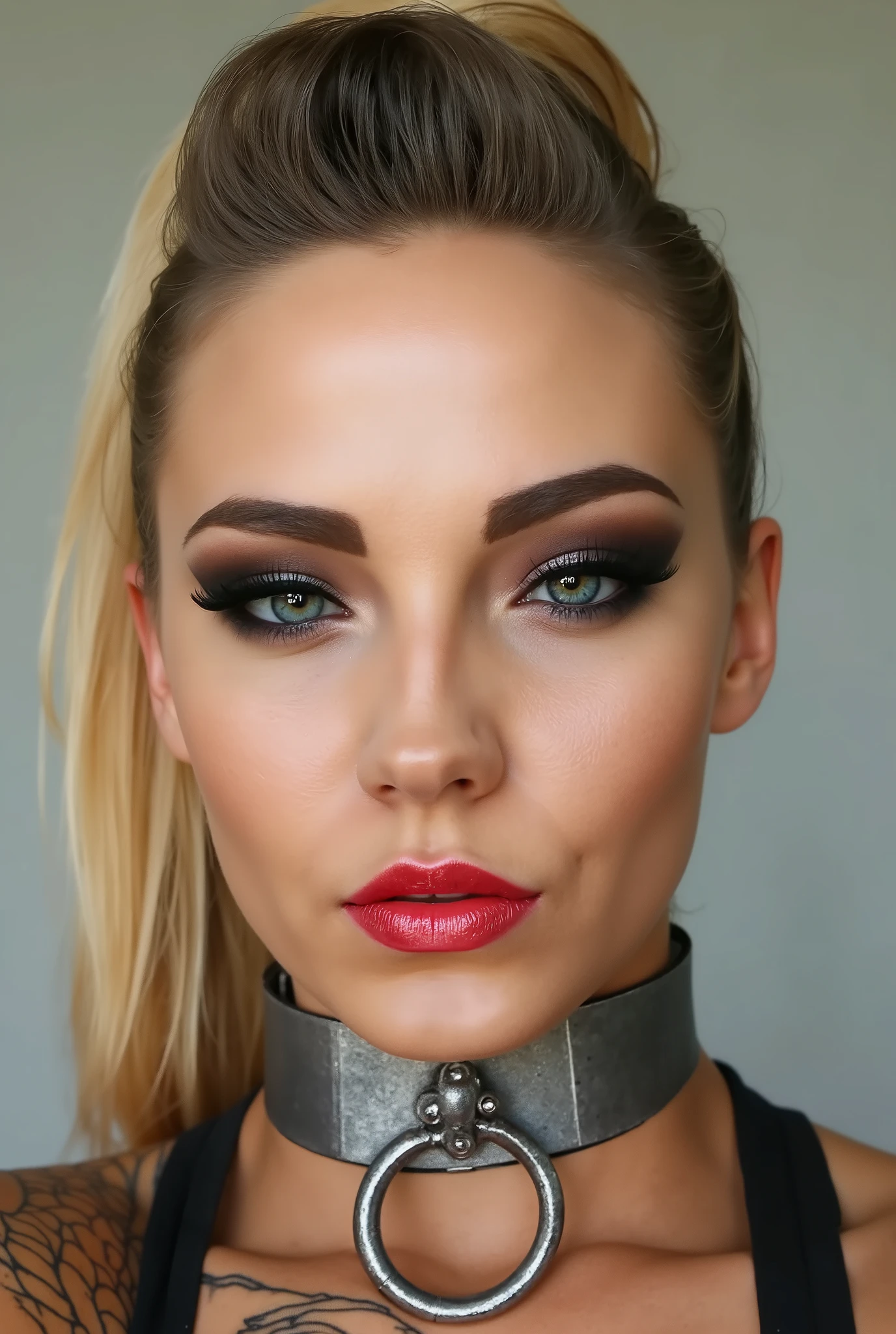 best quality, 8K, HD, beautiful blonde Caucasian woman, looking very a arrogant enraged down to the camera, heavily made-up eyes, heavily made-up cheeks, shiny red lips, super blonde hair, ponytail hairstyle, shiny silver steel collar with o-ring on the front side,