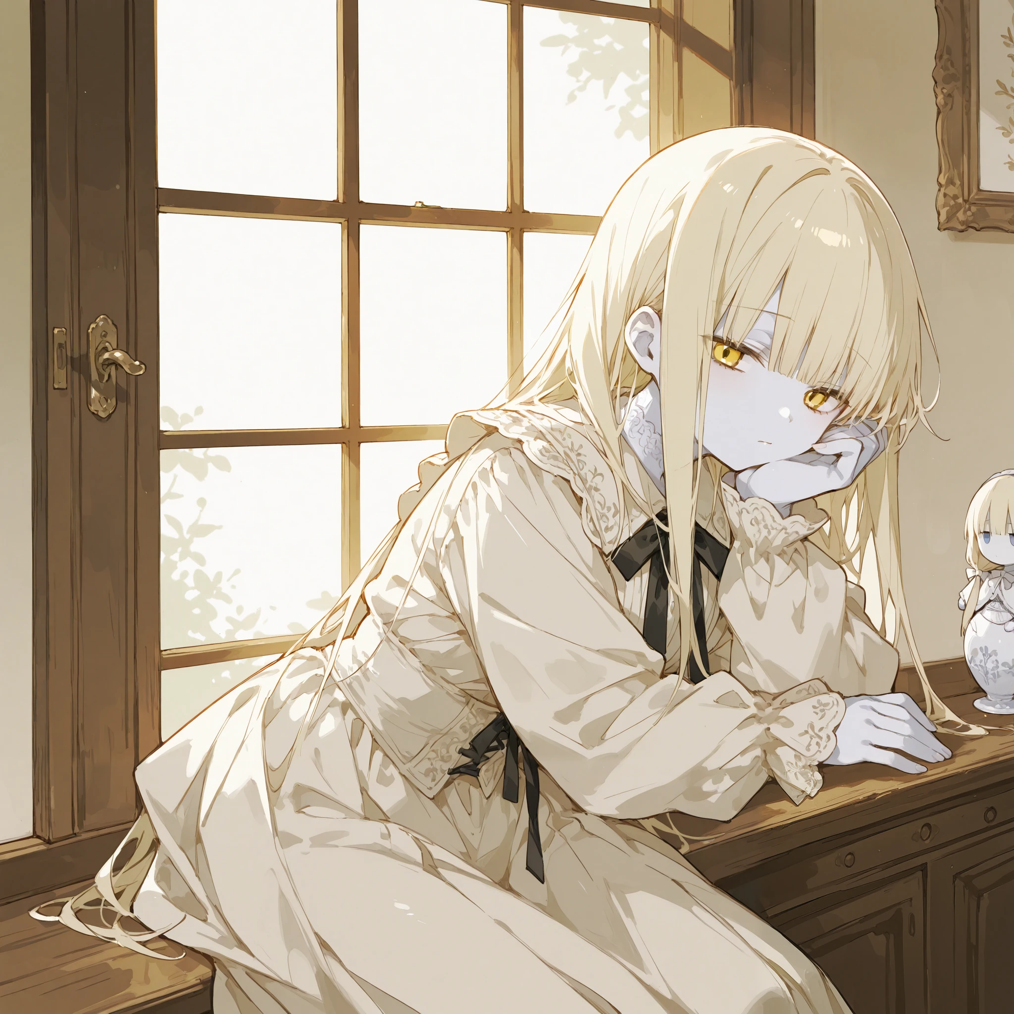 illustration, best quality, highly detailed, 1girl, dollmaker's daughter, sitting by the window, leaning on her hand, melancholic expression, soft lighting, twin dolls placed symmetrically on the windowsill, intricate and elegant doll clothing, pale porcelain skin of the dolls, gentle sunlight filtering through dusty glass, shadows creating a nostalgic atmosphere, vintage room with wooden furniture, quiet and melancholic mood