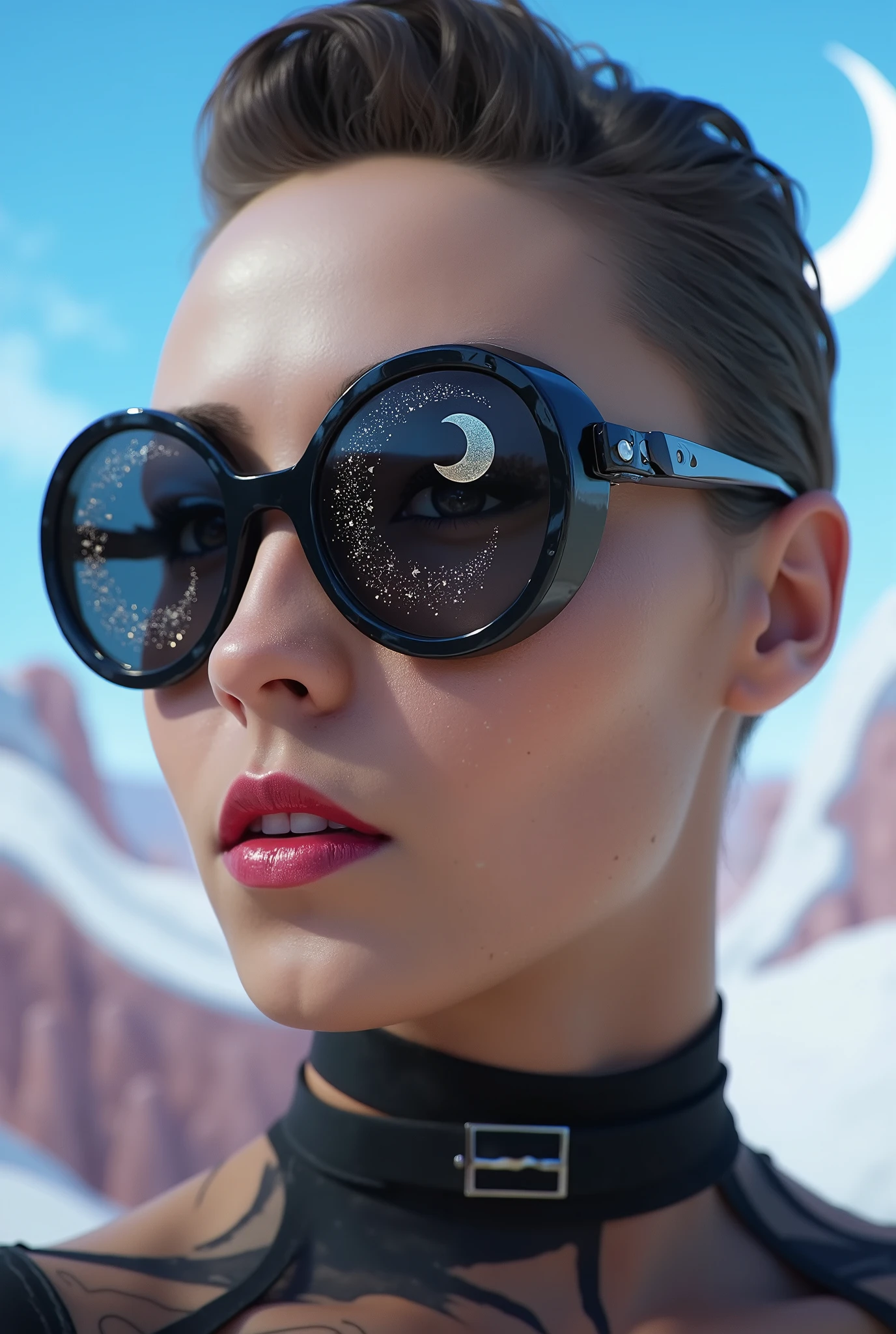The model is wearing glass sunglasses with stars and the moon on the glass