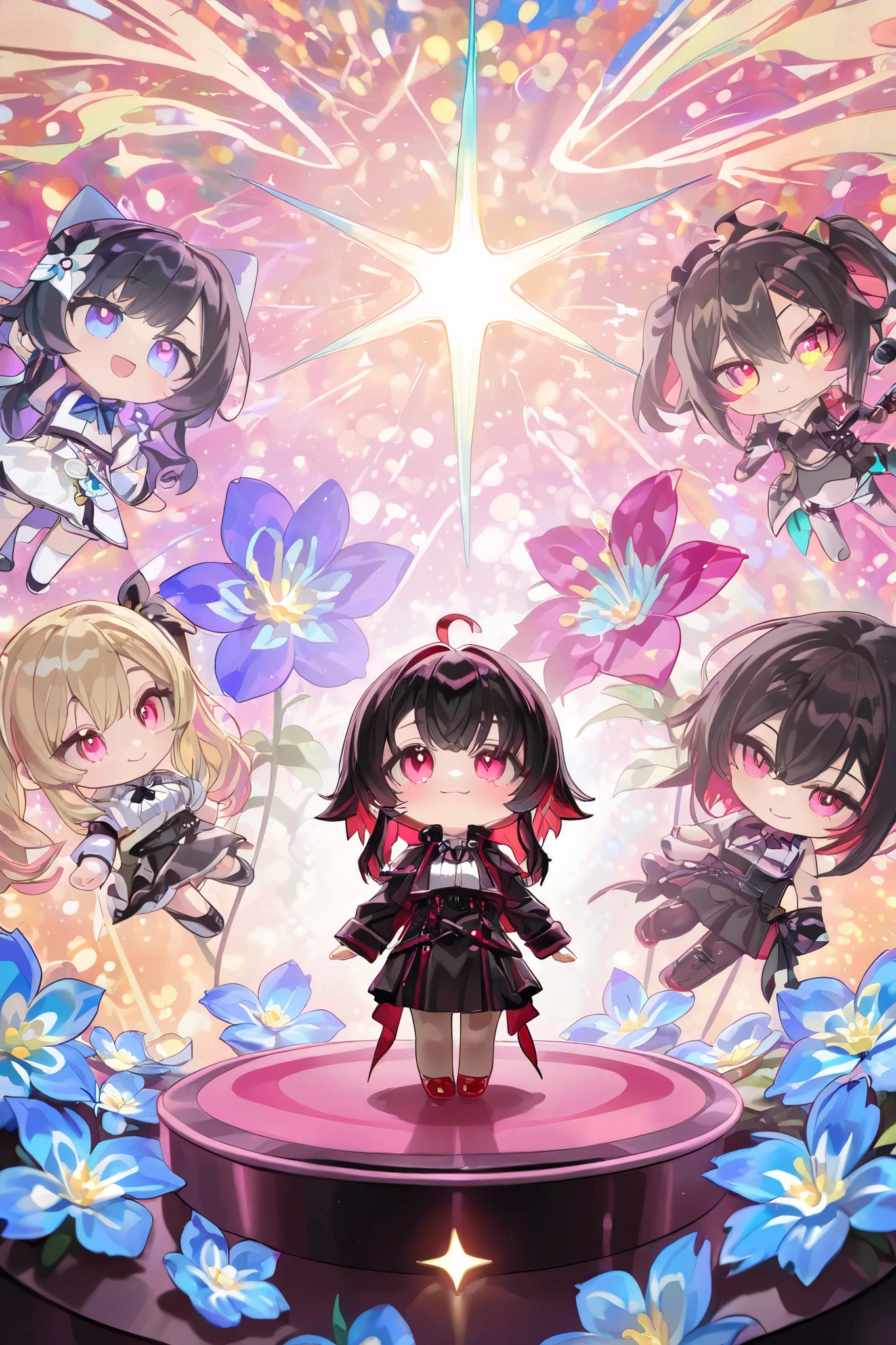 very well detailed,( fractal art:1.1),( colorful :1.1)(flower:1.3)、 ( Dynamic Poses), ( abstract background:1.3)、( multicolor:1.4)、 little doll holding a microphone in a karaoke shop on a round pedestal、 cute pose 、smile、 dark-haired、chibi doll、 Eye star ( sparkling )、 Place a 、 looks up、smile、Cute red shoes、 super detailed , Shining Light、 bioluminescence 、 Strong bokeh effect 、 taken from the side