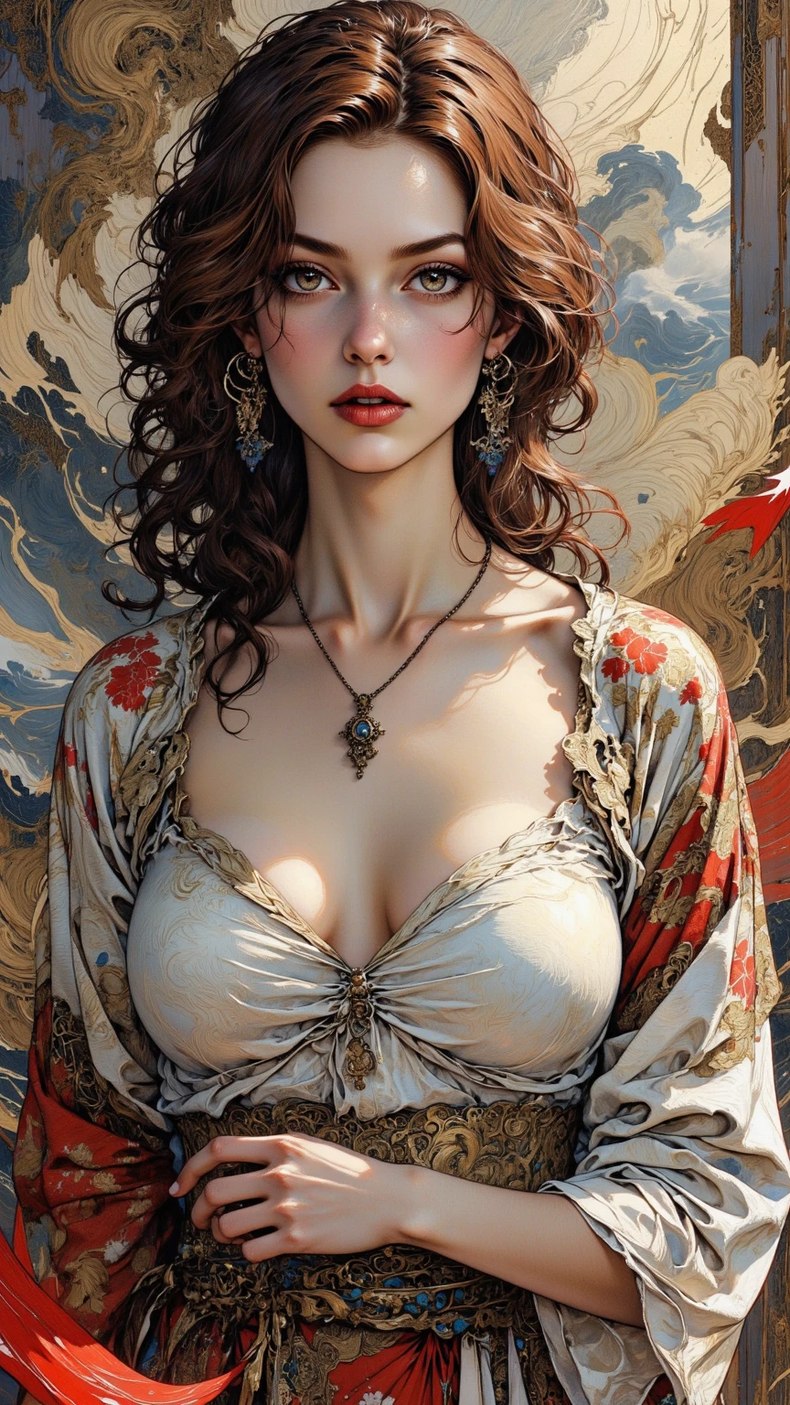 ultra realistic 8k cg, picture-perfect face, flawless, clean, masterpiece, professional artwork, famous artwork, cinematic lighting, cinematic bloom,
super realistic 8K, Perfect, clean , masterpiece, Professional artwork, famous artwork, face perfect,
43yo girl, solo, alluring step mom,(sexy Bangladeshi women:1.2),
beautiful woman,very sexy appearance, seductive , rosy cheeks, smooth skin,
huge breasts, smooth face, detailed face, smooth skin,shiny skin,highly detailed face, detailed face, perfect proportions, well-proportioned body of six heads, huge breasts, thin waist, navel, big butt , crotch gap, large thighs,mature,toned legs, long neck, big ,detailed hair, ,detailed breasts, slim waist,beauty, long eyelashes, hourglass body, juicy lips,Beautiful expression, beautiful eyes,
Looks good with straight long hair,
Black hair, long hair, silky hair, detailed bangs, (hair between eyes:1.2),
((Light olive eyes:1.2)),
gorgeous bright neon blue eye makeup and thick black winged eyeliner, peachy matte lipstick, looking into the camera,
detailed eyebrows,
(hourglass body:1.3), ultra detailed, best illustrated, showing off, seductive_pose, sexy eyes,full-body_portrait, Intrinsic exquisite details of (eyes, hair, skin, face, hands, fingers, anatomy), stunning otherworldly beauty, sexy pose,
She is Wearing (Red Georgette Saree:1.5),(Boat Neck Design Blouse:1.5),
full and juicy lips(dark red lipstick), belly jewelery, pearl necklace, pearl ear_rings, perfect fingers and nails, red_fingernails, golden ratio, seductive_pose, big_boobies,deep cleavage,
,professional photoshot, incredibly beautiful woman in the form of a 'Desi Milf', elegant wild beauty and attractiveness, seductiveness and inaccessibility, beautiful, photoshot for Vogue magazines, sensual, ultra detailed, ,mature female,1 girl,cowboy_pose,naughty, (iu:0.8),cleavage,