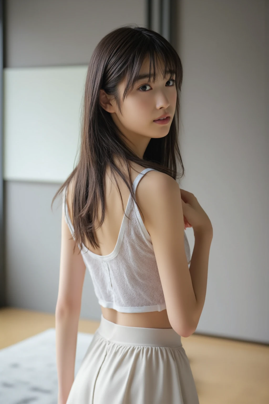 (Sillamäe:1.5), A slender, masterpiece, top-quality, Raw foto, Photorealsitic, faces, Incredibly absurd, beautiful a girl, cute little,Bun hair、depth of fields, hight resolution, ultra-detailliert, finely detail, ighly detailed, extremely detailed eye and face, Sharp pupils, Realistic pupils, foco nítido, Cinematic lighting,White panties are visible from the skirt、20 years girl、There is nothing inside the camisole、Put your butt back on camera、Only the face is looking back at the camera、Sit on your feet with your knees bent、Sit with your knees facing up、White silk camisole、White silk panties、((tiny chest、straight flat chest、Chest without bulge))、tanned brown skin、The crotch is bulging