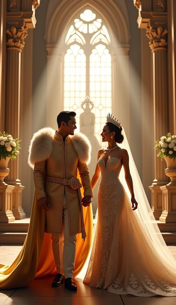 Shownu:Tall and robust Alpha King, with strong features and short black hair. He wears a black suit with gold details and a red cape., in addition to a golden crown.
Kihyun: Slim Prince Omega with soft features and light brown hair. He wears a white and silver suit with a light cape and a discreet silver crown..
Environment: Wedding in a luxurious cathedral with marble columns and colorful stained glass windows, creating a solemn and majestic atmosphere BOTH MEN, MONSTA X MEMBERS
