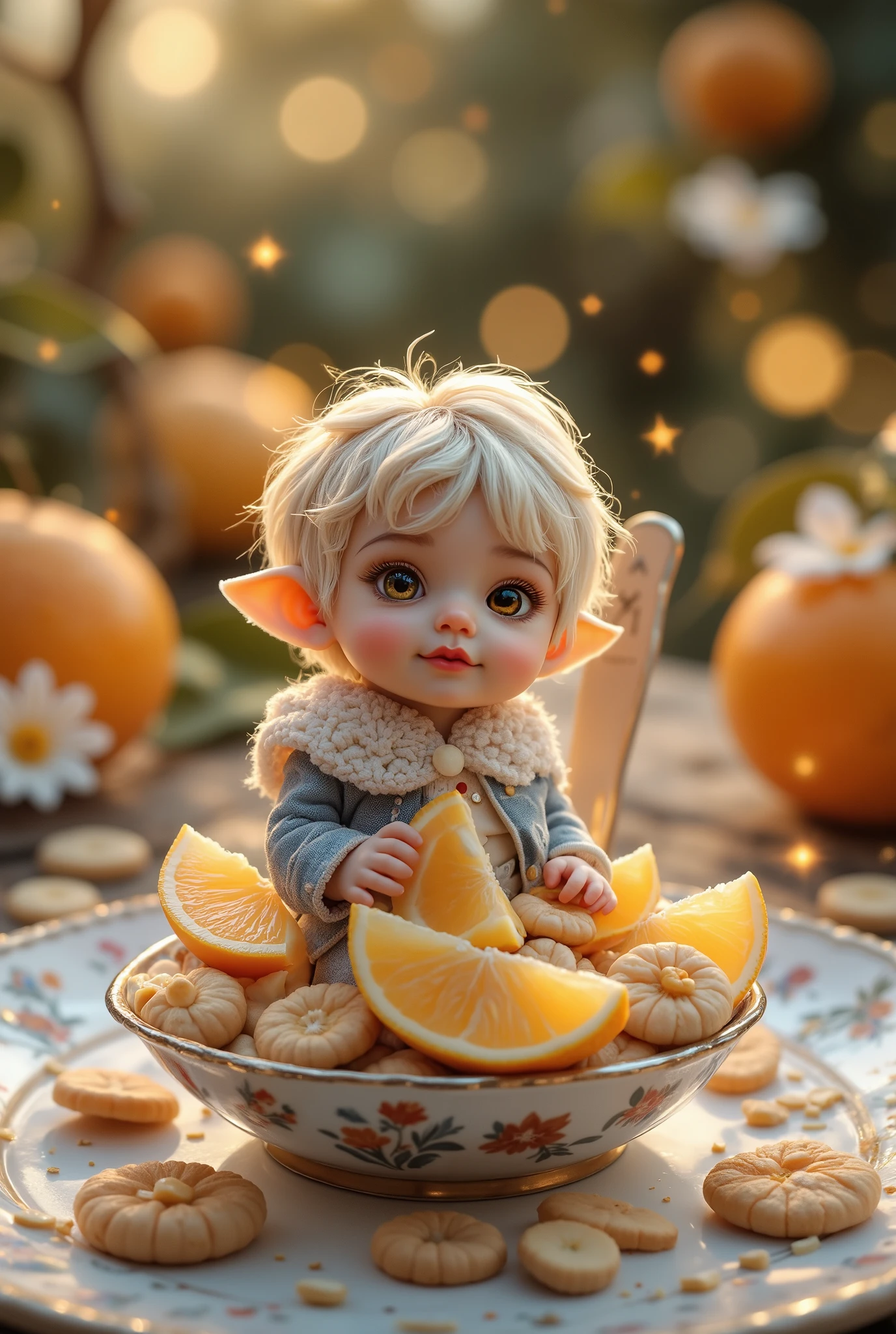 A tiny cheerful micro- elf boy sits in a silver spoon teaspoon. Hyper-realistic digital art. A plate made of the finest bone china. Mandarins. The peel. Slices. Seeds. Biscuits. A few crumbs. Flowers.A touching atmosphere of kindness and happiness. Natural warm light. Diagonal angle.
