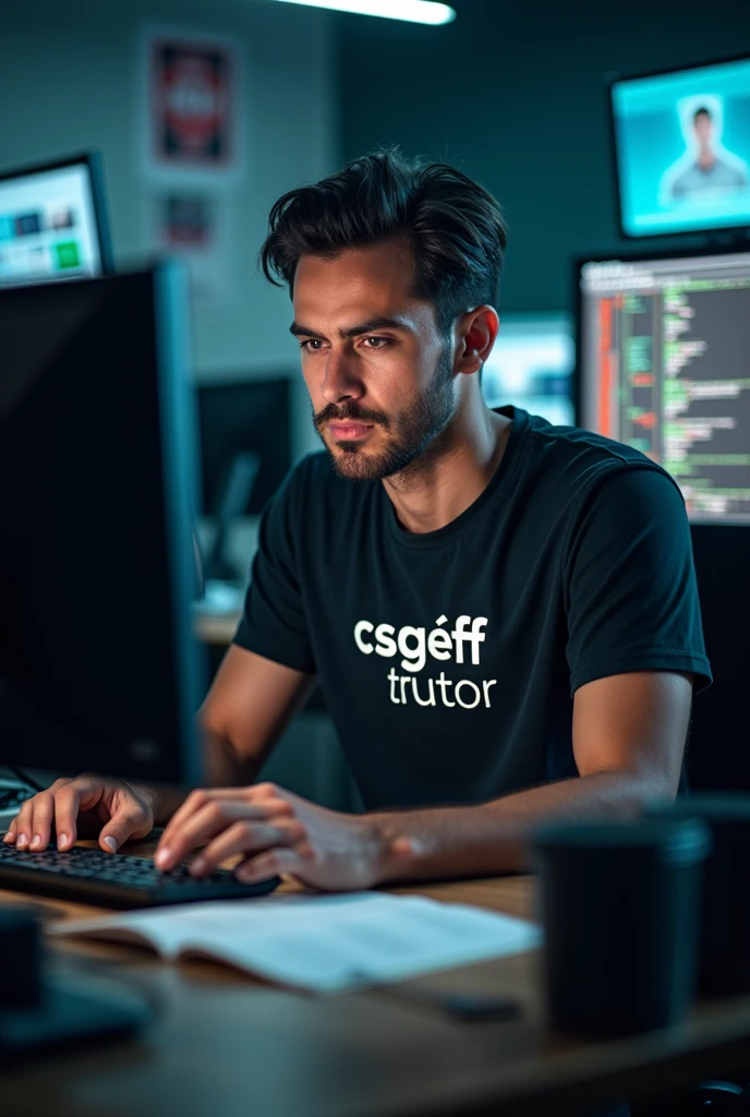  A 20-year-old boy
programming and a company logo
Larger than the face can be seen and the company logo is in writing