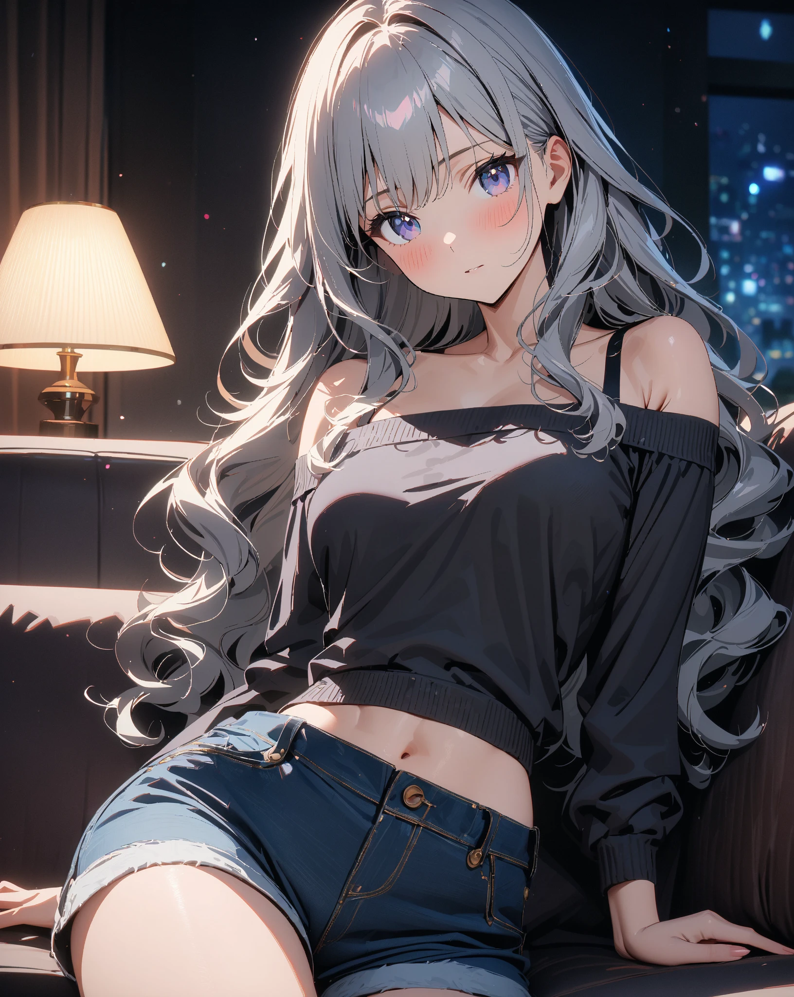 masterpiece, highest quality, Ultra high definition, Ultra-fine, 4K, 8k, highest quality, beautiful, Cute Woman, alone, (beautiful,Gray Hair, beautiful eyes, Long Hair, smile), Knee pillow,Bedroom,night,necklace, Earrings, accessories, bag, Great lighting,Exceptional resolution,, Audio Notes,