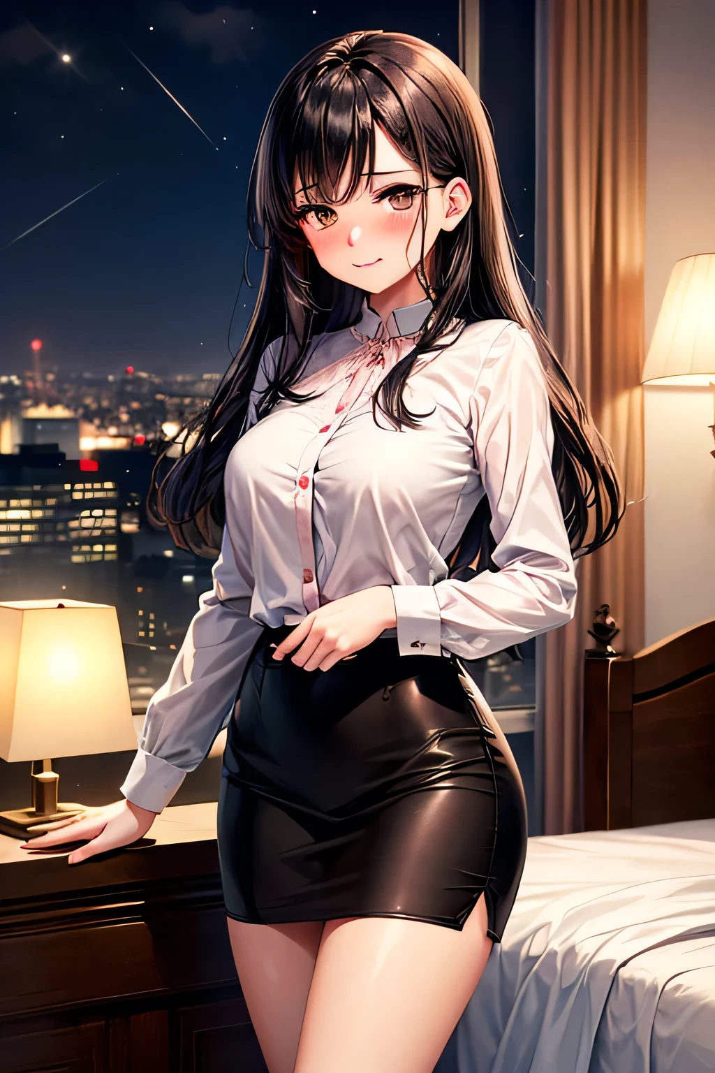 ((masterpiece, best quality, high resolution, ultra high definition, Pixel perfect, depth of field, 4K, RTX, human development report))), 1girl in, single, alone, Beauty、see whole body、 ((Long hair to waist, Short Liuhai, reddish brown hair)), ((blue eyes, beautiful eyelashes, realistic eyes)), ((Detailed face, blush:1.2)), ((smooth texture:0.75, lifelike质感:0.65, lifelike:1.1, Anime CG style)), medium breasts, Perfect body, ((Office worker suit, bare shoulders ,Black tights)), Smile, side sitting position, Look down from above、(The wind is strong and blows my hair，Expose left shoulder、Black tights) , Night view hot spring,Snowy nights