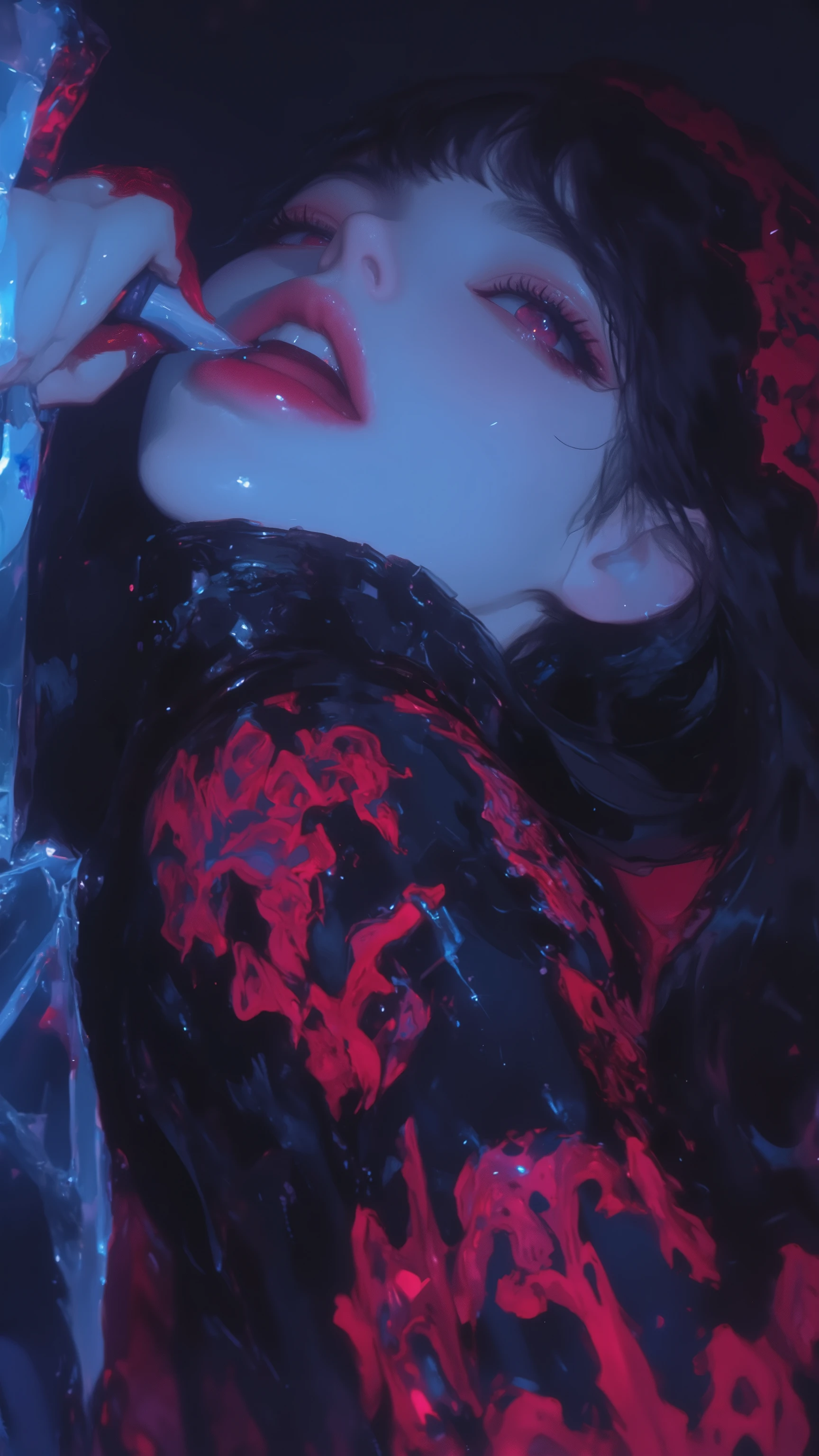 Pampyre、A beautiful girl with big pointed fangs like a wolf with her mouth wide open, ((vampire fangs, vampire teeth)), girl with sharp teeth、toothを見せる女、sharp-pointed teeth、 open your mouth, tooth, show your teeth and laugh, toothが尖っている, seductive smile、Trying to bite、Dracula、 ((Gothic ta - Loliashion)), glowing eyes、Suspicious Eyes、 decorative style illustration , soft animated illustration, cute aesthetics , pastel gothic style , anime atmosphere , anime style, 90's anime style, Holo Sticker, Red Aesthetics, ((nsfw, large cleavage , huge bust )), in ntght town, ((( full body shot on one side))) , dynamic camera work, perfect hand, Perfect Anatomy、