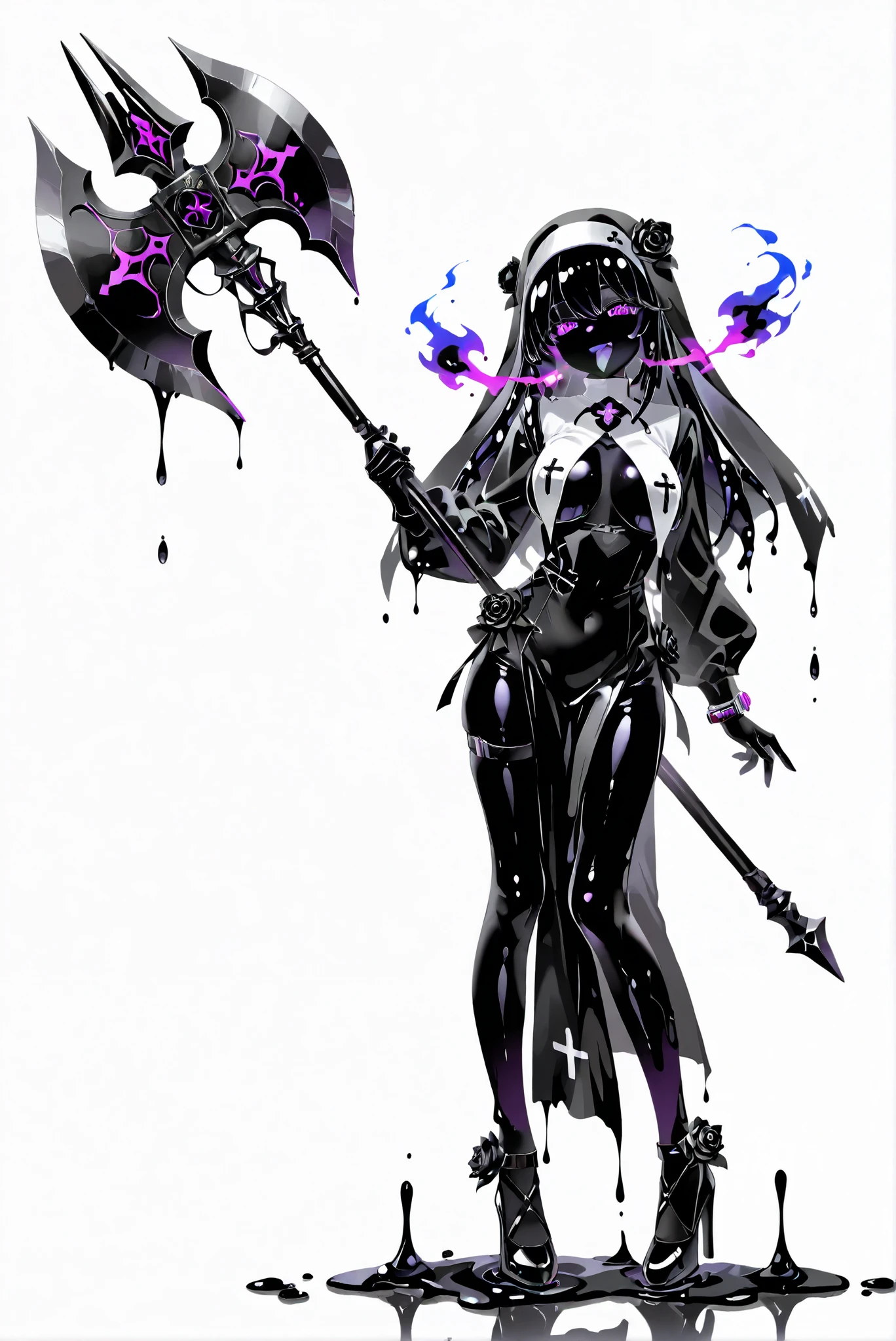 masterpiece,best quality,1girl,right hand in waist,azur lane al azuma,\(herrscher of finality\),solo,full body,pale skin,black hair,full body,full body black swinsuit,+ +,tight black collant,(((big breasts))),closed mouth,((serious expression)),bronze high heels, (((holding a great black axe))), three black skulls floating, ((fantasy character)), anime character sheet