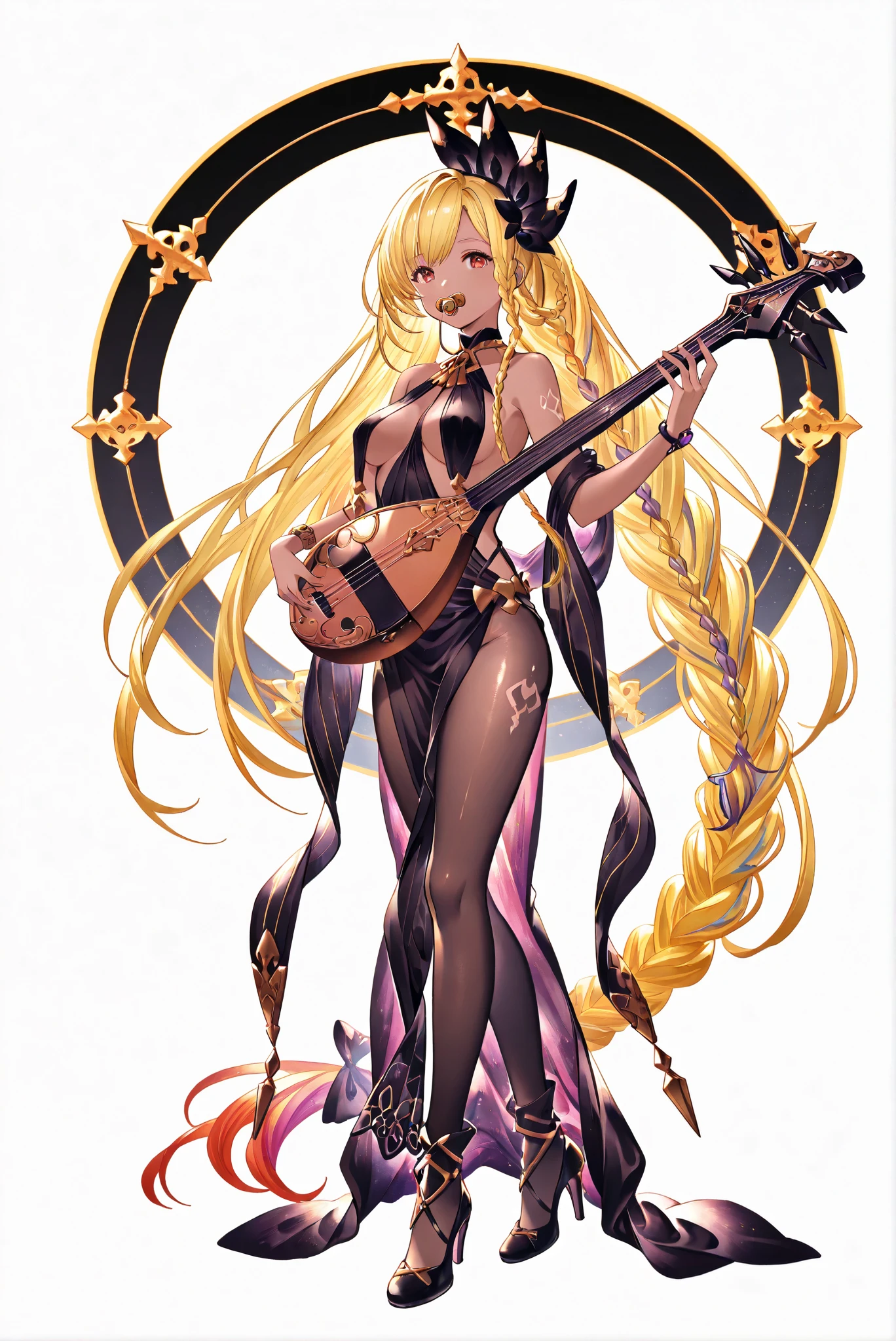 ( white background, stands,whole body,heels, front view,Standing picture:1.7),,孔heels ,Oval/circling/prick/ 喇叭heels ,, Limited Color Palette , Colorful, Vivid color ,Flashing Silhouette ,neon,Black Light ,[watch, Masterpiece, is very beautiful ,, shiny skin,golden ornaments, arm tattoo, , Granblue_ fantasy, Helel_Ben_Shalem, dark skin, Blonde, long hair, braid, red eyes, pacifier,ruanyi0847,bodysuit,breast curtains,dress,pantyhose,pelvic curtain,holding_instrument,lute_(instrument)