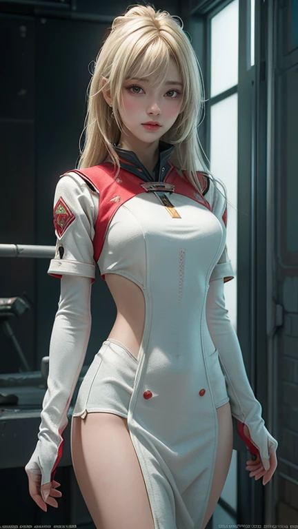 Highest quality, outstanding detail, super high resolution, (fidelity: 1.4), best illustration, favor details, close-up, a mecha girl with a delicate and beautiful face, ((red and white semi-mechanical body: 1.8)), (big breast: 1.2), sexy, belly button, cleavage, riding on a motorcycle, cyberpunk, futuristic, mechanical aesthetics, complex machinery, background is a high-tech lighting scene of the futuristic city, virtual engine 5, perfect detail rendering, octane rendering, ultra HD