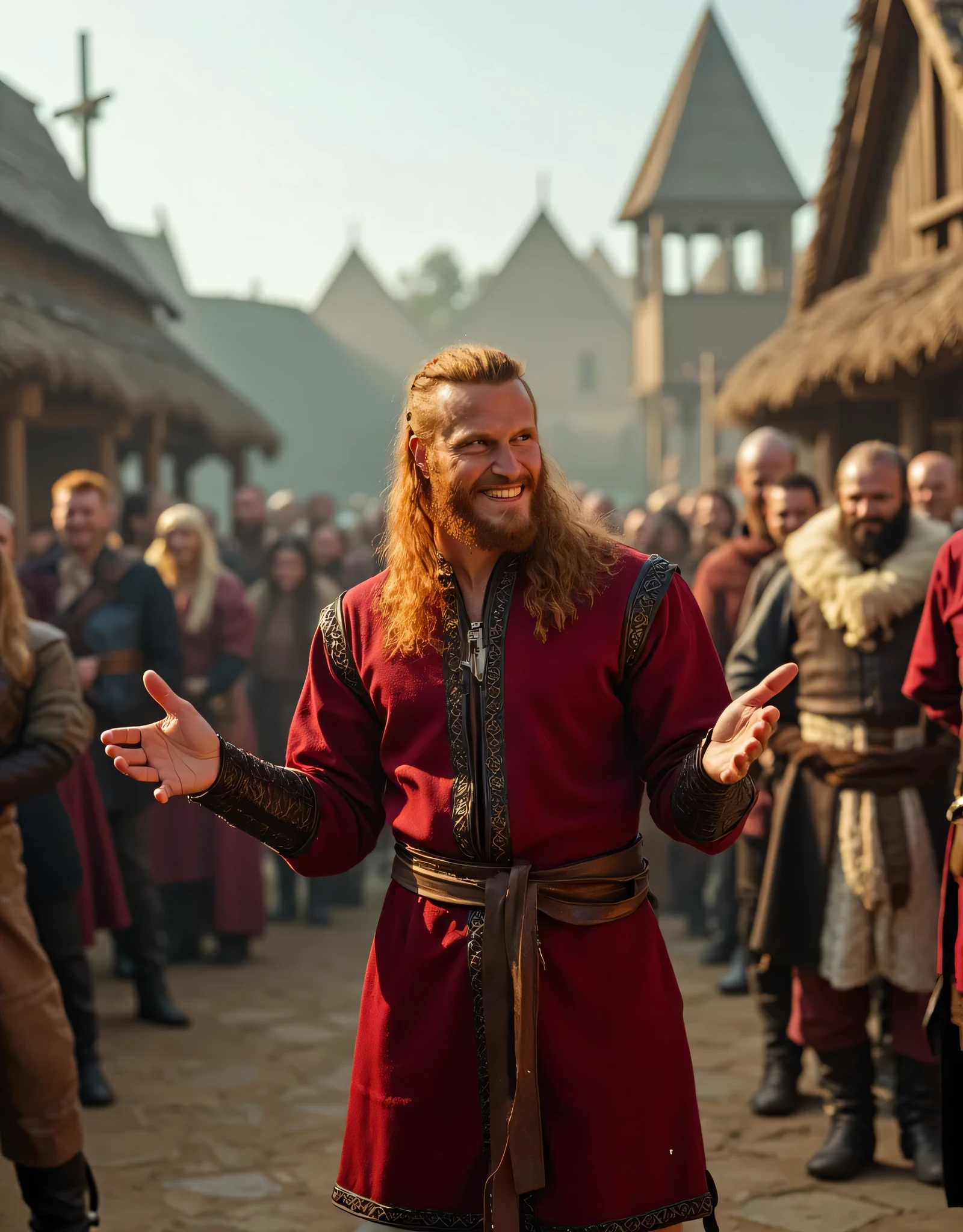 **Prompt:** Create an intricately realistic detailed panoramic zoomed-out scene of an optimistic, positive-vibe red ginger Viking male chief during the medieval age. Showcase hyper-realism with a symmetrical composition, capturing the scene from a panoramic ultra-wide angle to fully immerse the viewer in the vibrant medieval viking villager scenery. Illustrate the red Viking's infectious smile, dressed in a full red tunic, standing with determination, as he speech in front many villagers, embodying the spirit of speaker. Emphasize dynamic leading lines that guide the eye through the image, enhanced by a rich UHD ambiance and a mixed lighting concept that brings realism to his expressions. Pay meticulous attention to human anatomy, particularly his hands, as he prepares for his journey ahead. Zoom out to reveal the bustling medieval Viking village, ensuring a deep depth of field that enhances the visual impact. Utilize state-of-the-art 3D CGI textures to vividly bring this enchanting Viking tribe to life, resulting in a stunning piece of FantasyPunkAi artwork that celebrates courage, community, and the spirit of exploration.