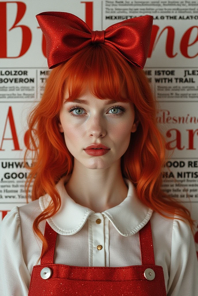 A young lady aged 16 yrs, with long red hair, wavy hair, with air bangs, tied up in a bun. She is in a bedroom, laying on her back, in the bed. She is wearing a red onesie. She has an hourglass figure. She is wearing gold earrings. Looking directly into the camera. She has fair skin, freckles, and braces, constricted pupils, parted lips, large breasts, perfect lips, perfect nose, cute face, baby face, Hyperrealism, cinematic lighting, jpeg artifacts, full body photo, bokeh, textured skin, UHD, best quality, masterpiece, high details
