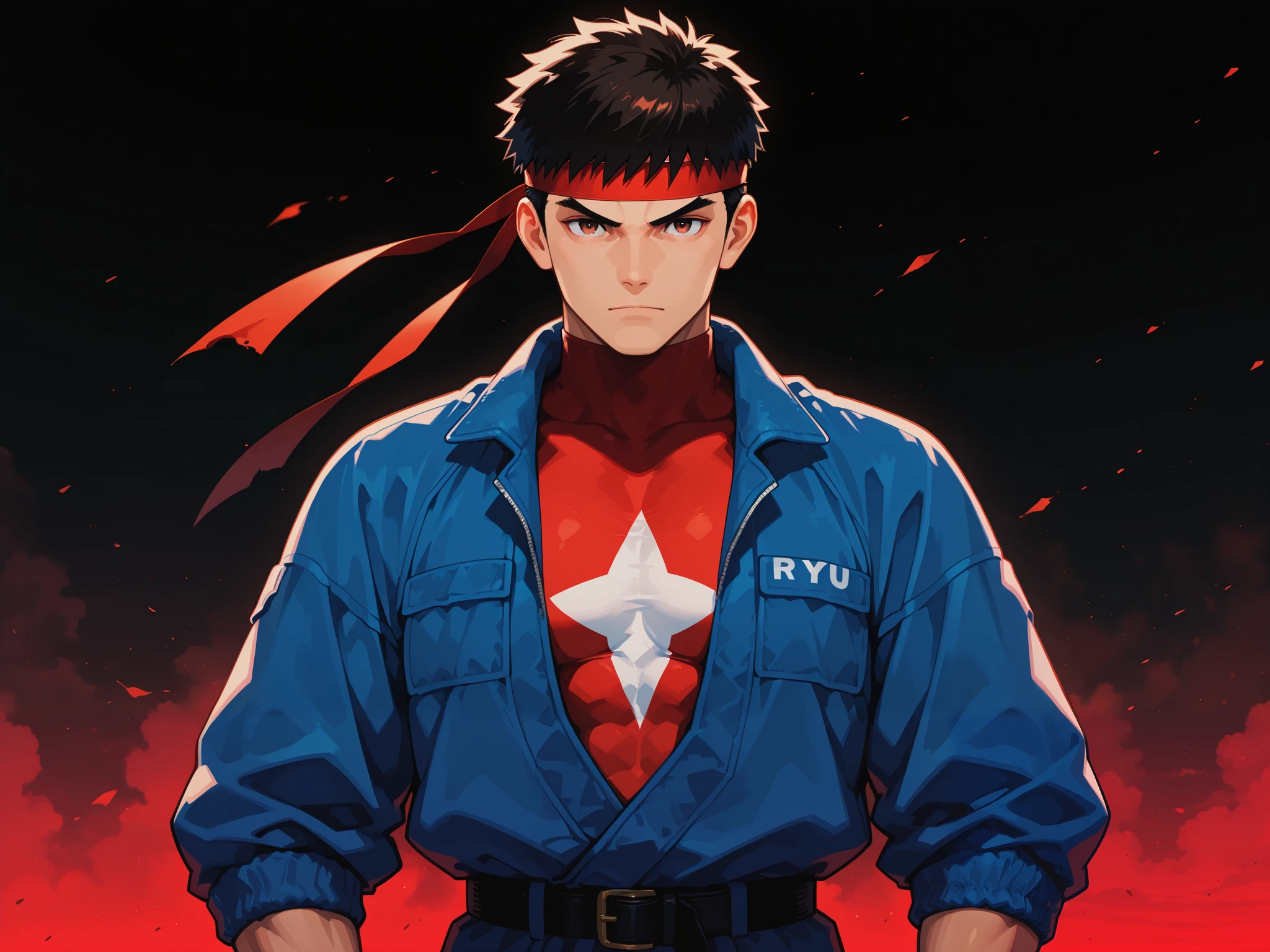 Image of male anime denji makes him like in the anime with clothes in the color of the Turkish flag. Just like the anime. Put the Turkish flag on. Makes him scary.
