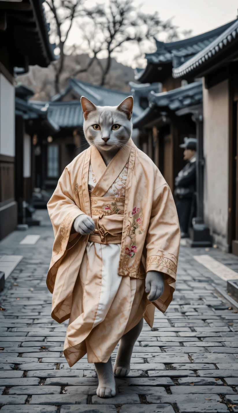 A gray cat in a pastel colored hanbok with a brocade shawl, walks on the street of Hanok village in Seoul, against the backdrop of traditional houses with blue tile roofs.