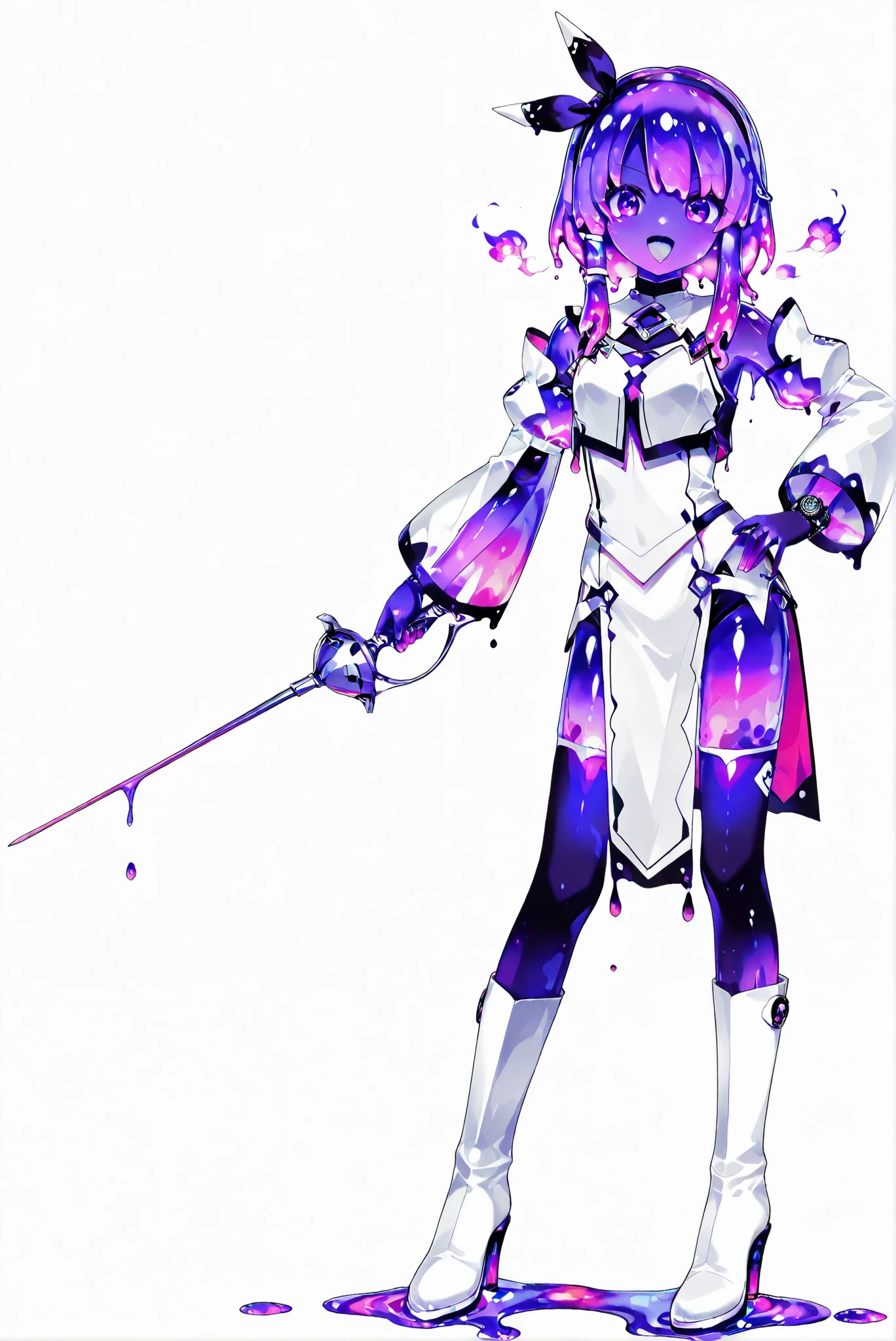 ( white background, stands,whole body,heels, front view,Standing picture:1.7),HoleHeels,oval/Circle/Thorn/Horn Heels,,limited color palette,Colorful, vivid colors ,black light ,watch, Masterpiece, Very beautiful,1,若い美しい slime girl ,( Monster Girl, slime girl ),(Melting Slime Liquid:1.3,transparent body:1.4,),(Slime Hair, Clear Slime Skin Tone:1.4, Very Beautiful and Delicate Face),( evil smile, mad , Attractive eyes :1.3, Purple Eye),( tease, charming, Adorable , [ Excited, naughty face :1.2), face, stick out tongue ,Burning Breath, Mucous Block :1.3, ,equis armor, White boots, White chest curtain , white detachable sleeves, white pelvic curtain, purple thigh socks, cyan hair tube, Purple hair band , Purple gloves,holding sword rapier