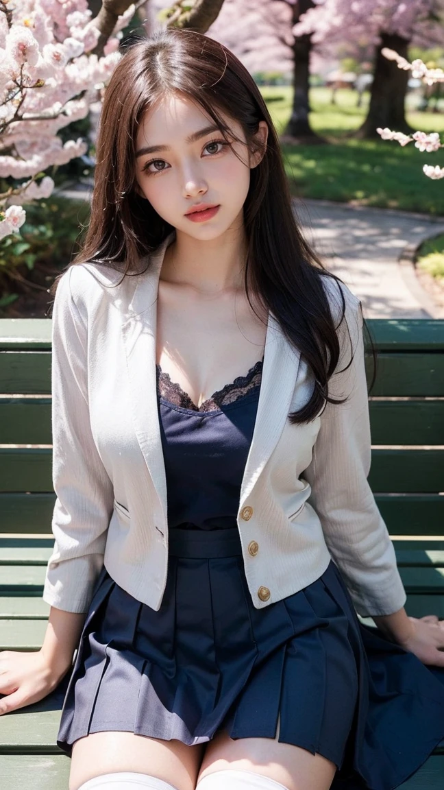 Top-quality Realistic,Official art,Highly detailed CG Unity 8k wallpaper,ultra-detailliert,hight resolution,Physically-based rendering,Magnificat,finely detail,masterpiece,Best Quality,ultra detailed, Face Light,Mature beauty,Beautiful girl,1girl,moist lips,sexy lips,Sexy smile,Gentle smile, 20 years old, Beautiful bare skin,Smooth bare skin,(Beautiful and radiant skin), big well-shaped breasts, beautiful cleavage,beautiful Mature body,swept bangs,(Medium hair:1.3), beautiful detailed eyes,model shoot style,Japanese Idol, Half-body,(In the Pineapple Garden:1.2),((Sitting on the bench seat)),BREAK,nsfw,((dark red plaid single-breasted blazer with Naked:1.5)),((High-waisted flared jumper skirt with blue belt:1.3)),BREAK,(Heart shaped necklace),(Triangle ornament earrings),BREAK, (gentle smile like a goddess),looking at viewer,shoot from below,(Extreme close-up),from the front,