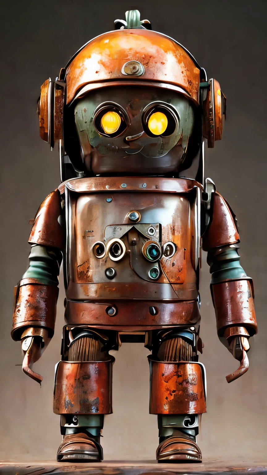 Create a unique and visually captivating artwork of a cute steampunk-style robot. The robot is assembled from recycled parts, with a creative and non-humanoid design. It features a dominant orange color palette with weathered, rusty metal effects, giving it a vintage and retro feel. The robot has an adorable expression, such as big eyes or friendly facial features, and a charming, quirky posture. The background is an old steampunk workshop filled with intricate details like turning gears, steaming pipes, and warm light from copper lamps. The overall atmosphere should be whimsical, lively, and full of character, making it a standout piece of art. steampunk robot, cute, assembled from recycled parts, rusty metal, orange color palette, vintage workshop, intricate details, whimsical, lively, 4k, highly detailed, cinematic lighting.