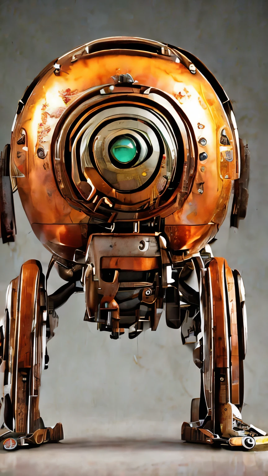 Create a unique and visually captivating artwork of a cute steampunk-style robot. The robot is assembled from recycled parts, with a creative and non-humanoid design. It features a dominant orange color palette with weathered, rusty metal effects, giving it a vintage and retro feel. The robot has an adorable expression, such as big eyes or friendly facial features, and a charming, quirky posture. The background is an old steampunk workshop filled with intricate details like turning gears, steaming pipes, and warm light from copper lamps. The overall atmosphere should be whimsical, lively, and full of character, making it a standout piece of art. steampunk robot, cute, assembled from recycled parts, rusty metal, orange color palette, vintage workshop, intricate details, whimsical, lively, 4k, highly detailed, cinematic lighting.