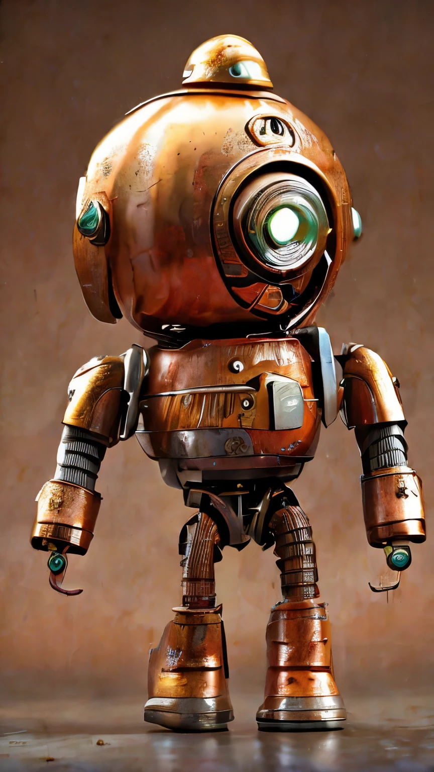 Create a unique and visually captivating artwork of a cute steampunk-style robot. The robot is assembled from recycled parts, with a creative and non-humanoid design. It features a dominant orange color palette with weathered, rusty metal effects, giving it a vintage and retro feel. The robot has an adorable expression, such as big eyes or friendly facial features, and a charming, quirky posture. The background is an old steampunk workshop filled with intricate details like turning gears, steaming pipes, and warm light from copper lamps. The overall atmosphere should be whimsical, lively, and full of character, making it a standout piece of art. steampunk robot, cute, assembled from recycled parts, rusty metal, orange color palette, vintage workshop, intricate details, whimsical, lively, 4k, highly detailed, cinematic lighting.