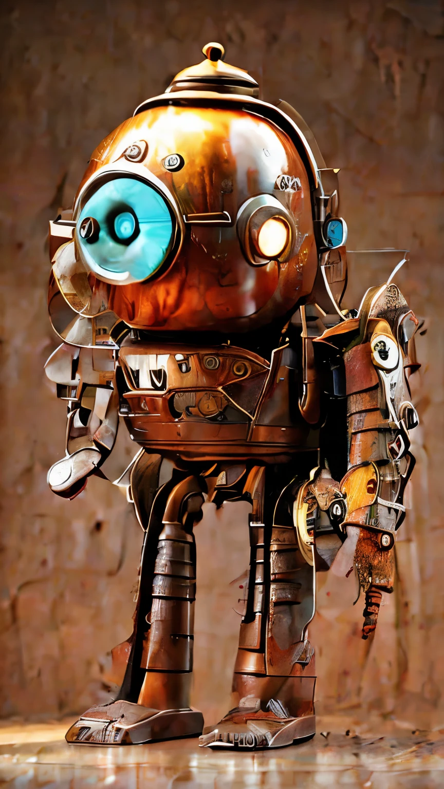 Create a unique and visually captivating artwork of a cute steampunk-style robot. The robot is assembled from recycled parts, with a creative and non-humanoid design. It features a dominant orange color palette with weathered, rusty metal effects, giving it a vintage and retro feel. The robot has an adorable expression, such as big eyes or friendly facial features, and a charming, quirky posture. The background is an old steampunk workshop filled with intricate details like turning gears, steaming pipes, and warm light from copper lamps. The overall atmosphere should be whimsical, lively, and full of character, making it a standout piece of art. steampunk robot, cute, assembled from recycled parts, rusty metal, orange color palette, vintage workshop, intricate details, whimsical, lively, 4k, highly detailed, cinematic lighting.